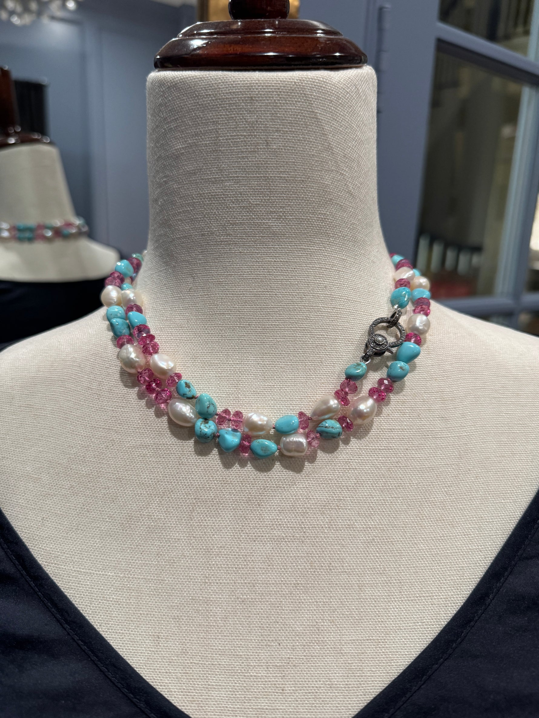 Diamond and Pearl and Topaz necklace alternate angle showing natural stone variation