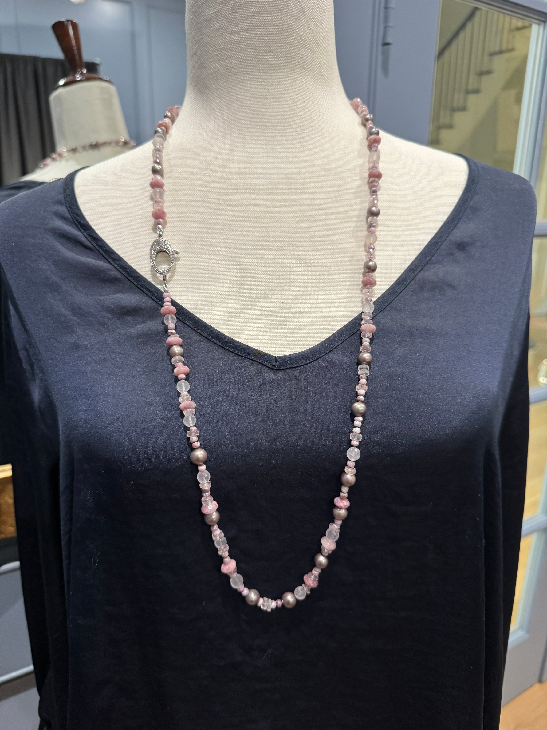 35" Tahitian Gray Pearl & Pink Gemstone Necklace | Ulka Rocks