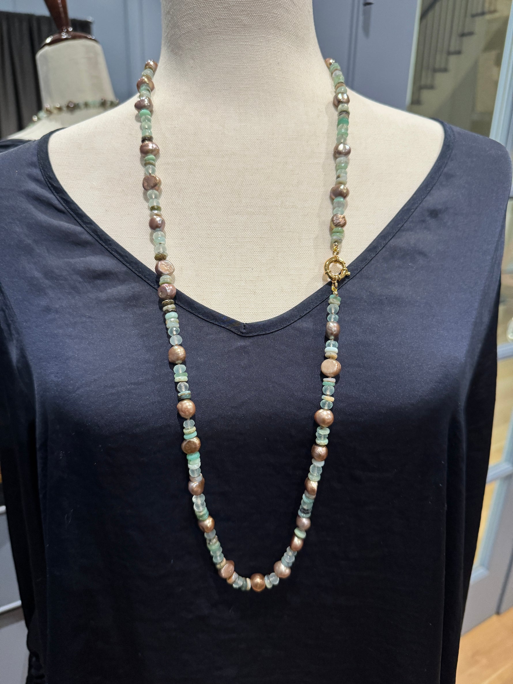 36" Chrysoprase & Champagne Green Pearl Necklace | Ulka Rocks