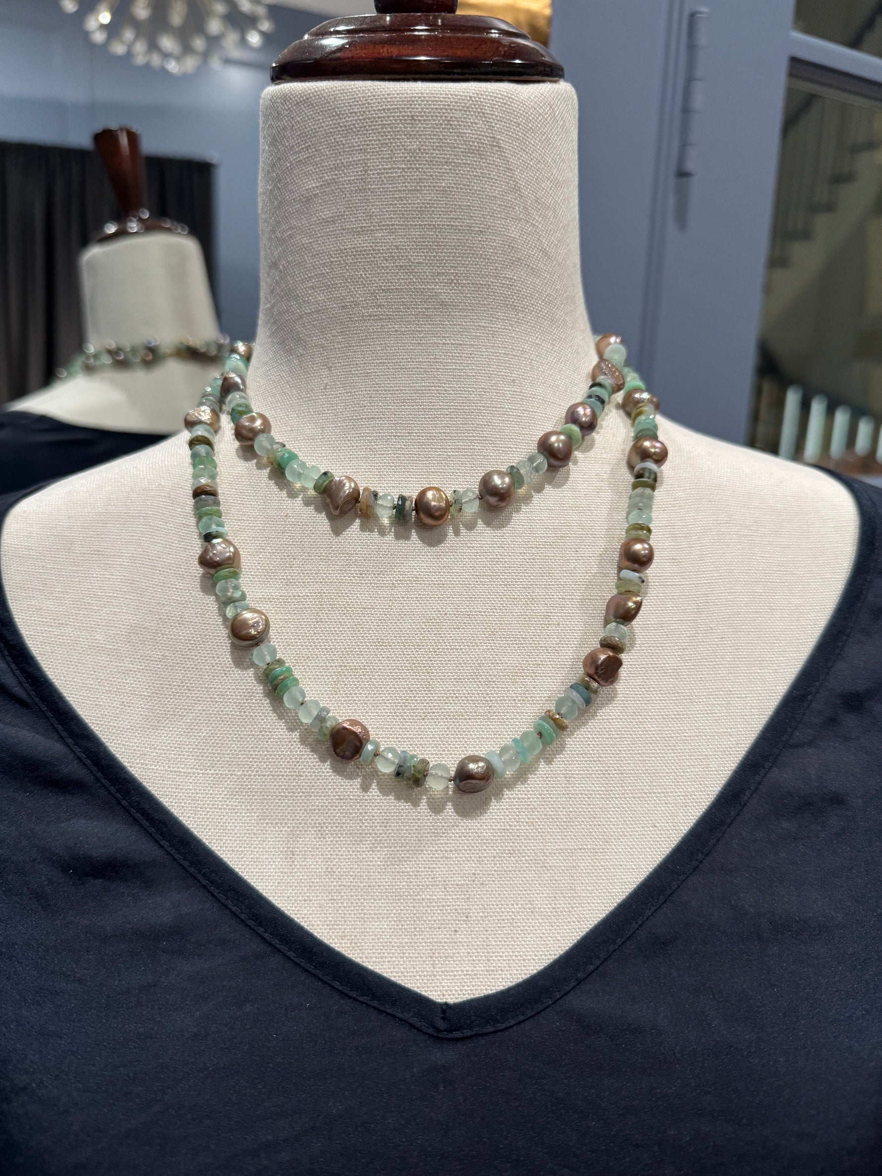 36" Chrysoprase & Champagne Green Pearl Necklace | Ulka Rocks