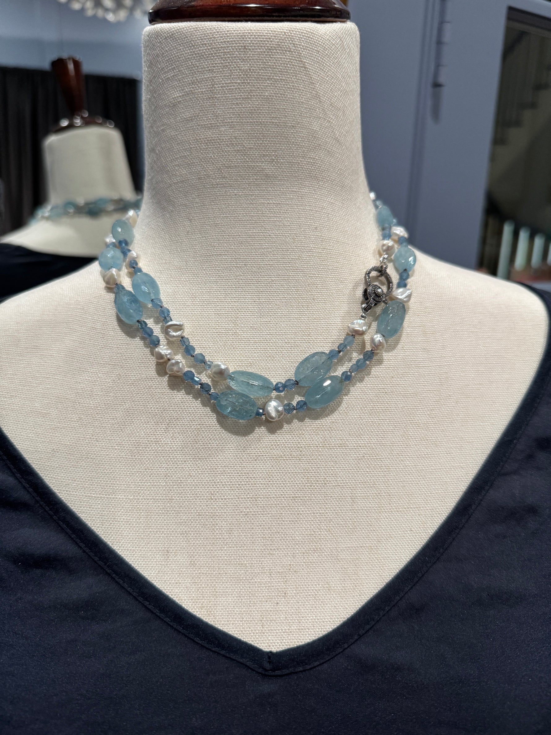 36" Santa Maria Blue Aquamarine & White Keshi Pearl Necklace | Ulka Rocks