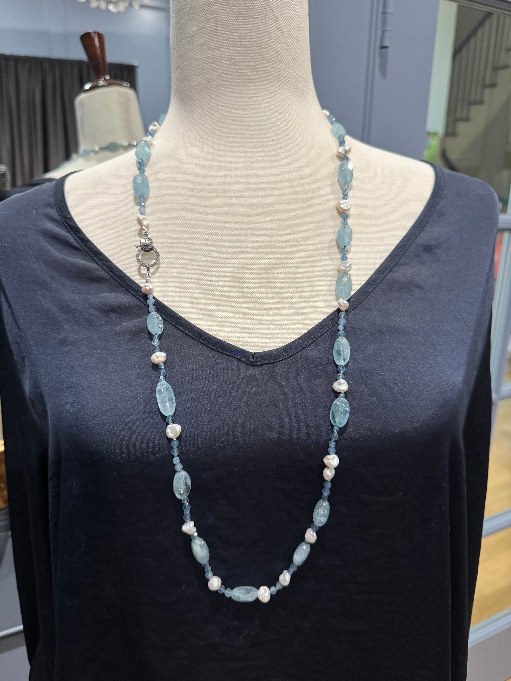 36" Santa Maria Blue Aquamarine & White Keshi Pearl Necklace | Ulka Rocks