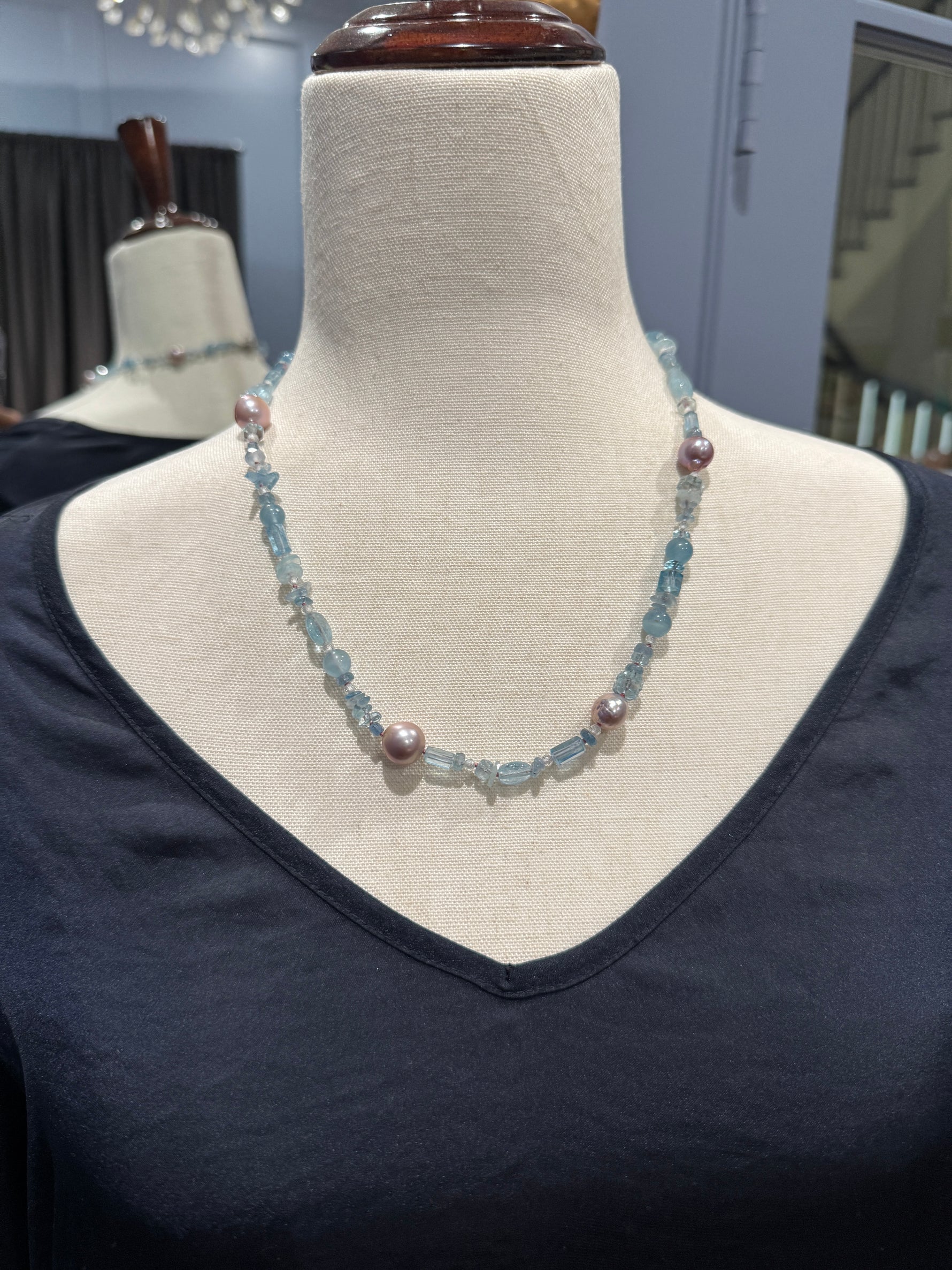 21" Pink Aquamarine & Pink Edison Pearl Necklace | Ulka Rocks
