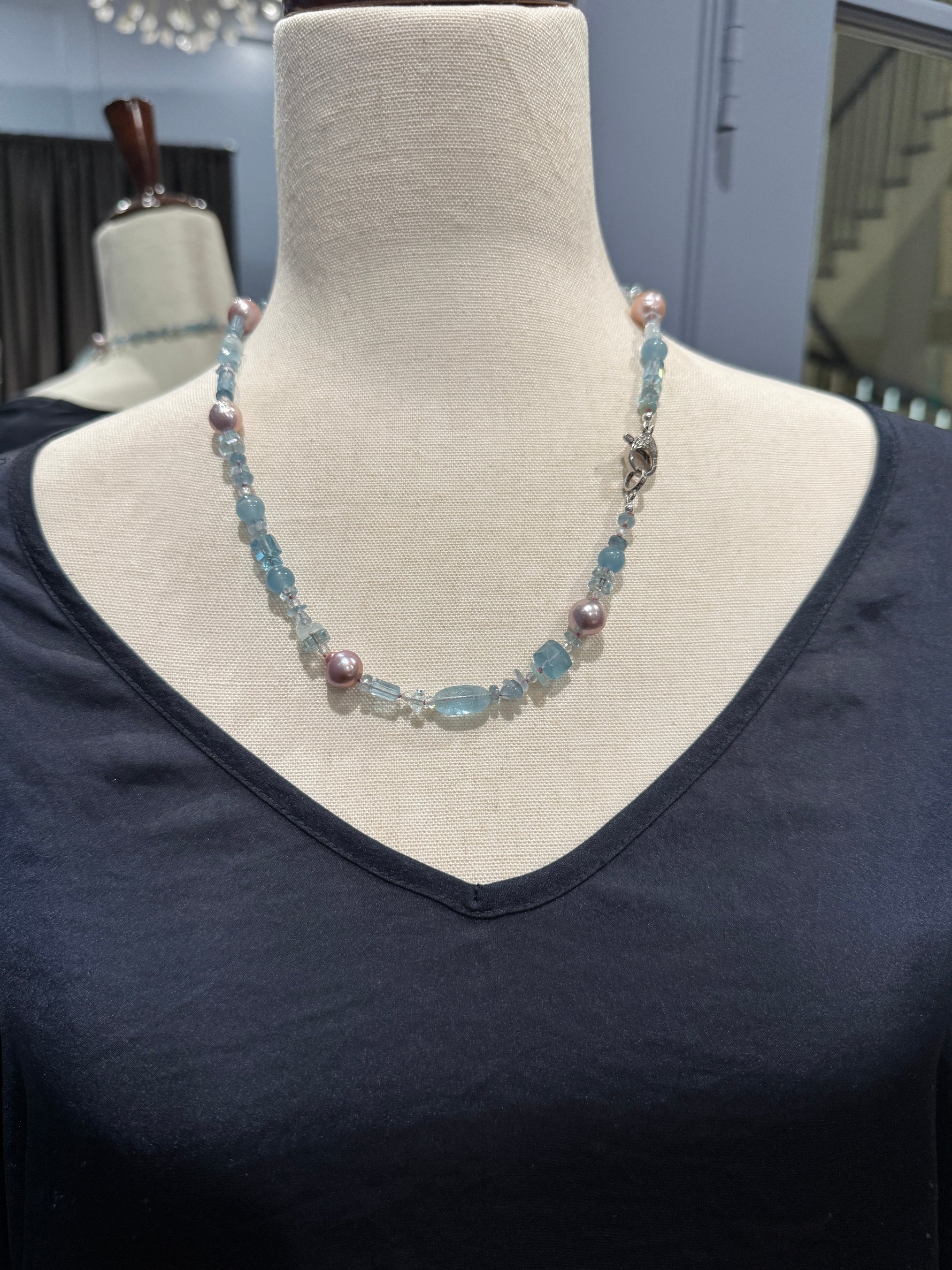21" Pink Aquamarine & Pink Edison Pearl Necklace | Ulka Rocks