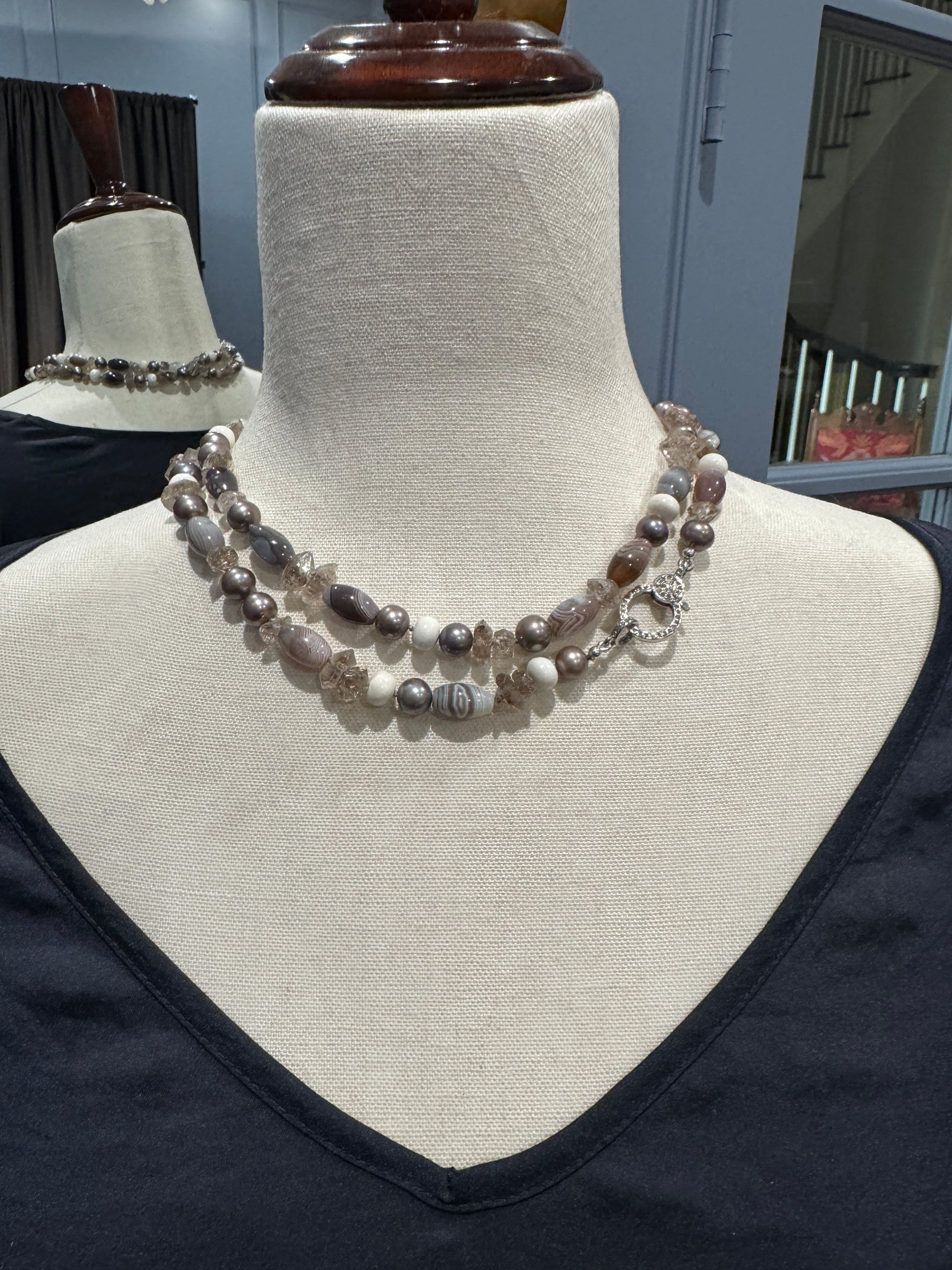 36" Pearl, Clear Agate & Herkimer Necklace | Ulka Rocks