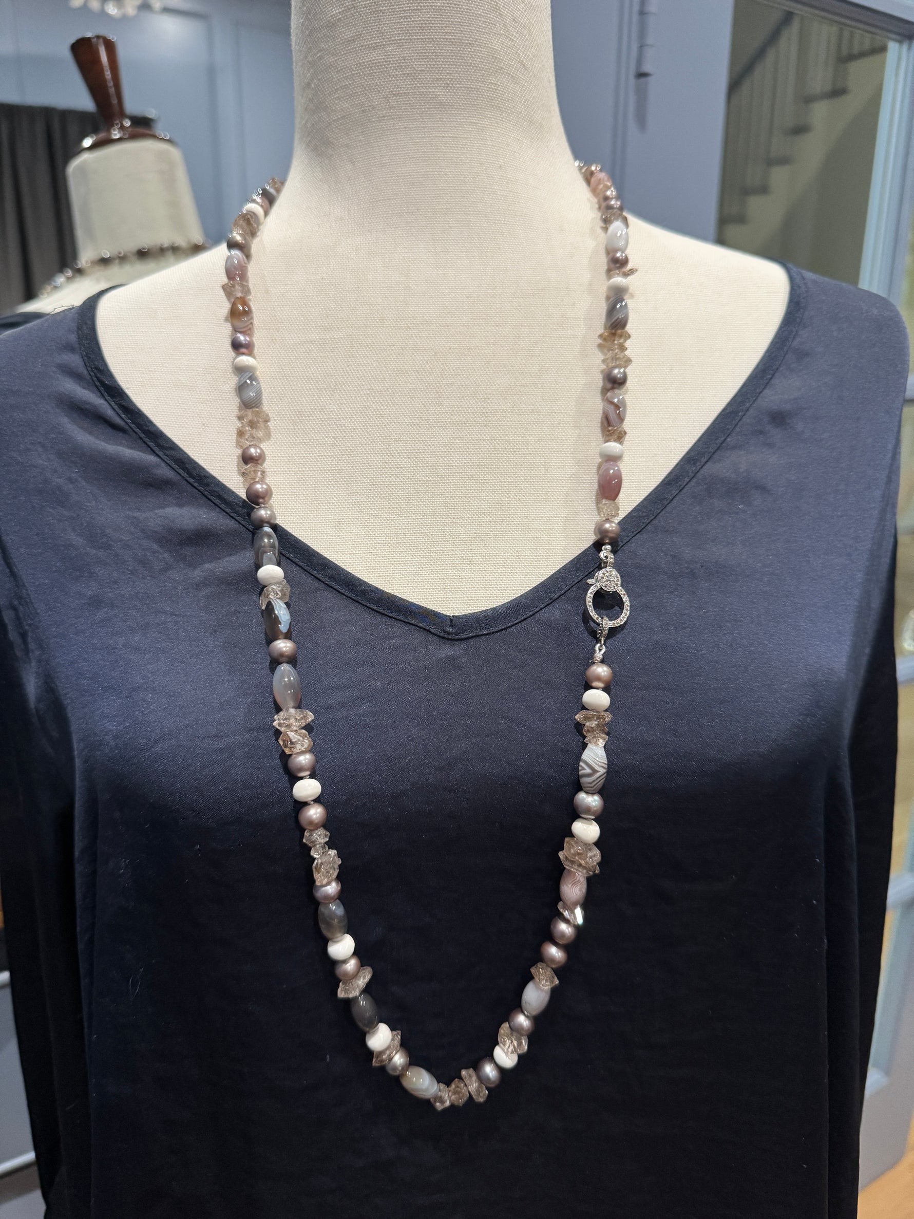 36" Pearl, Clear Agate & Herkimer Necklace | Ulka Rocks