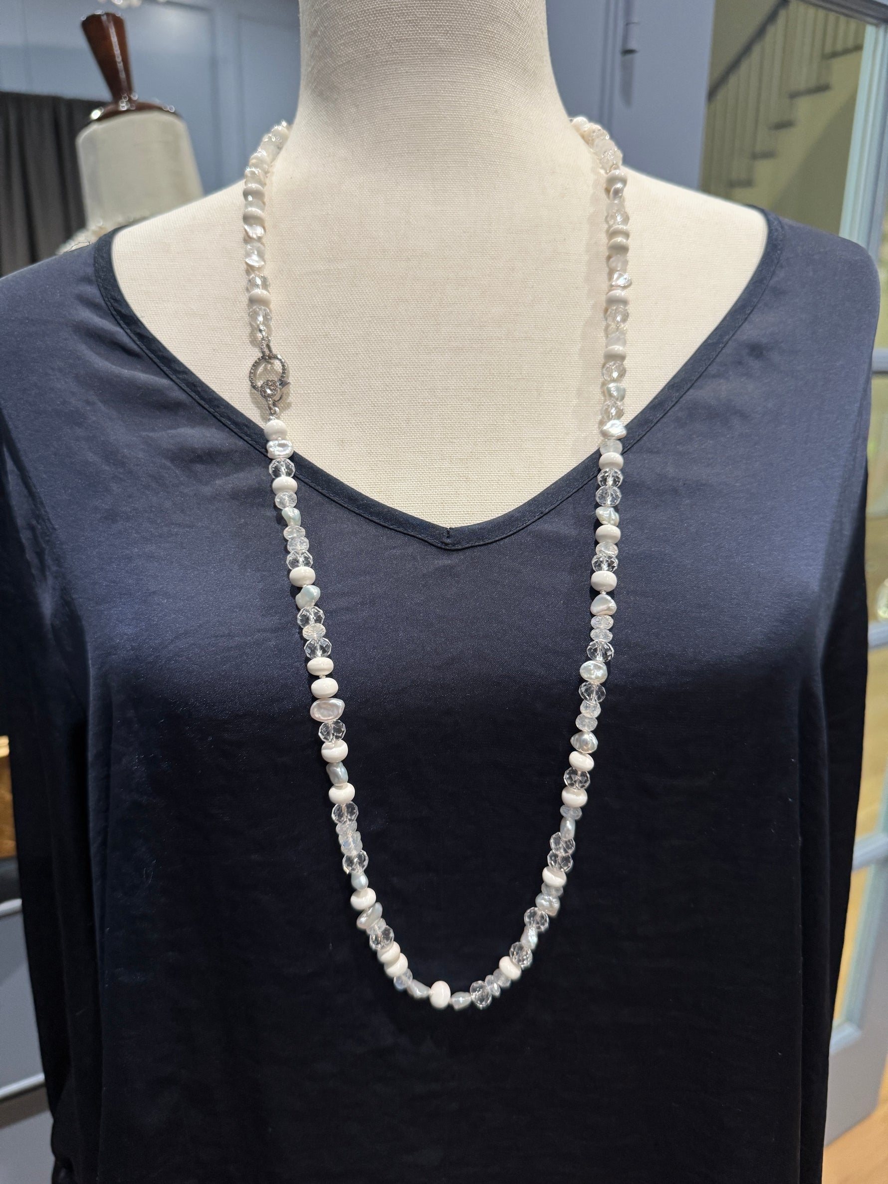 36" Mix of White Gemstone & Pearl Necklace | Ulka Rocks