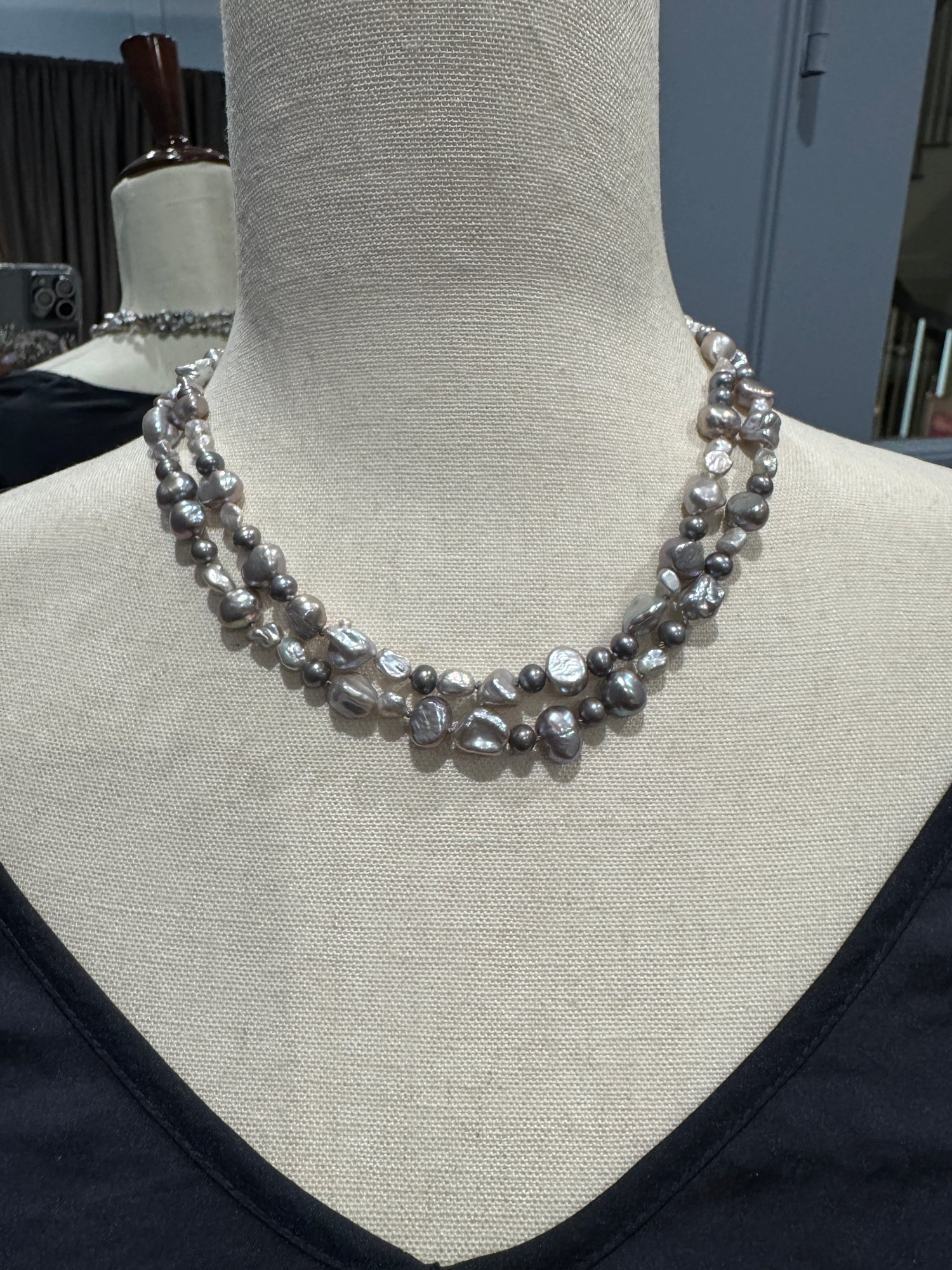 36" Gray Freshwater Gray Pearl Necklace with Pavé Diamond Silver Clasp | Ulka Rocks