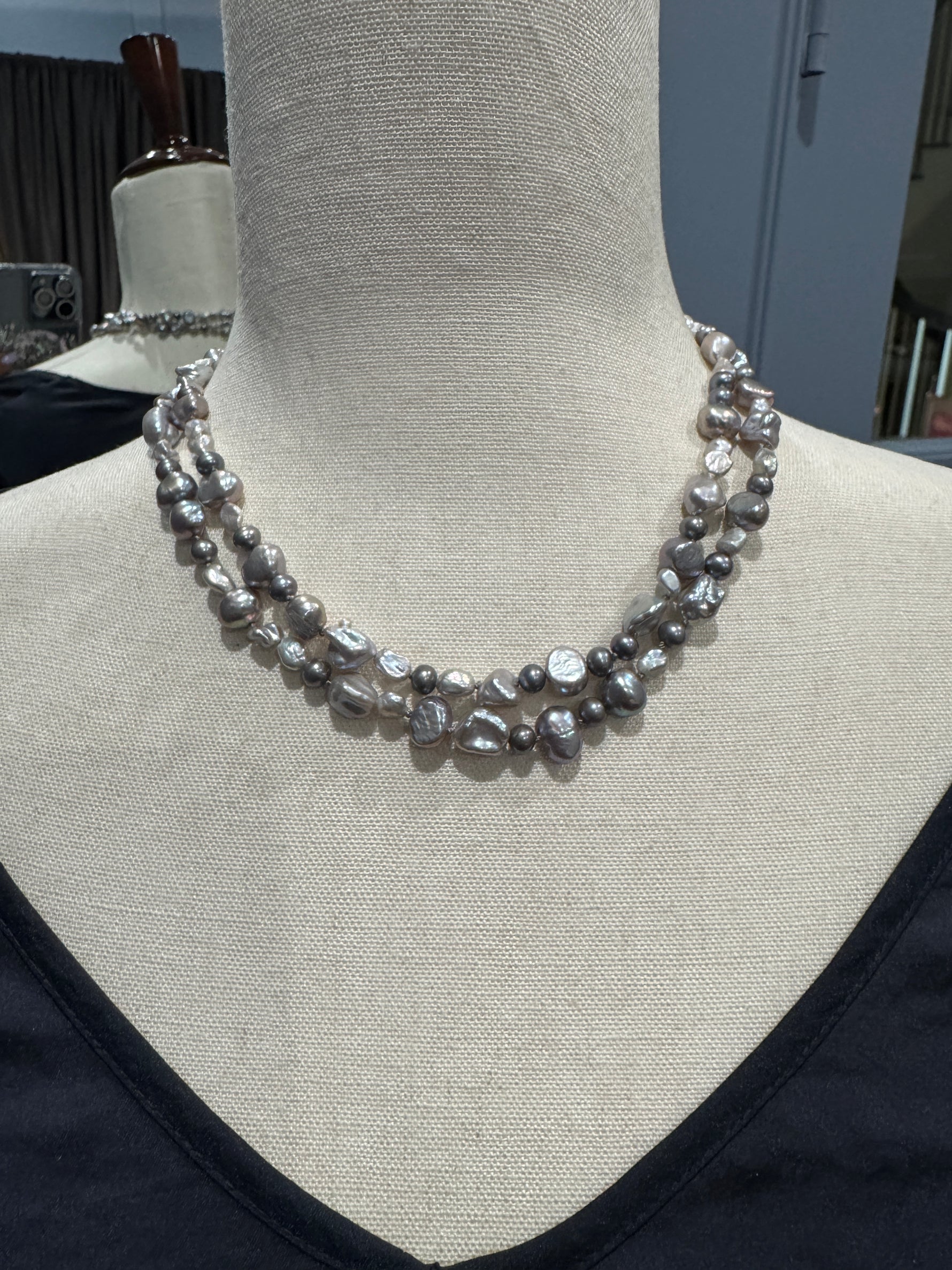 36" Gray Freshwater Gray Pearl Necklace with Pavé Diamond Silver Clasp | Ulka Rocks