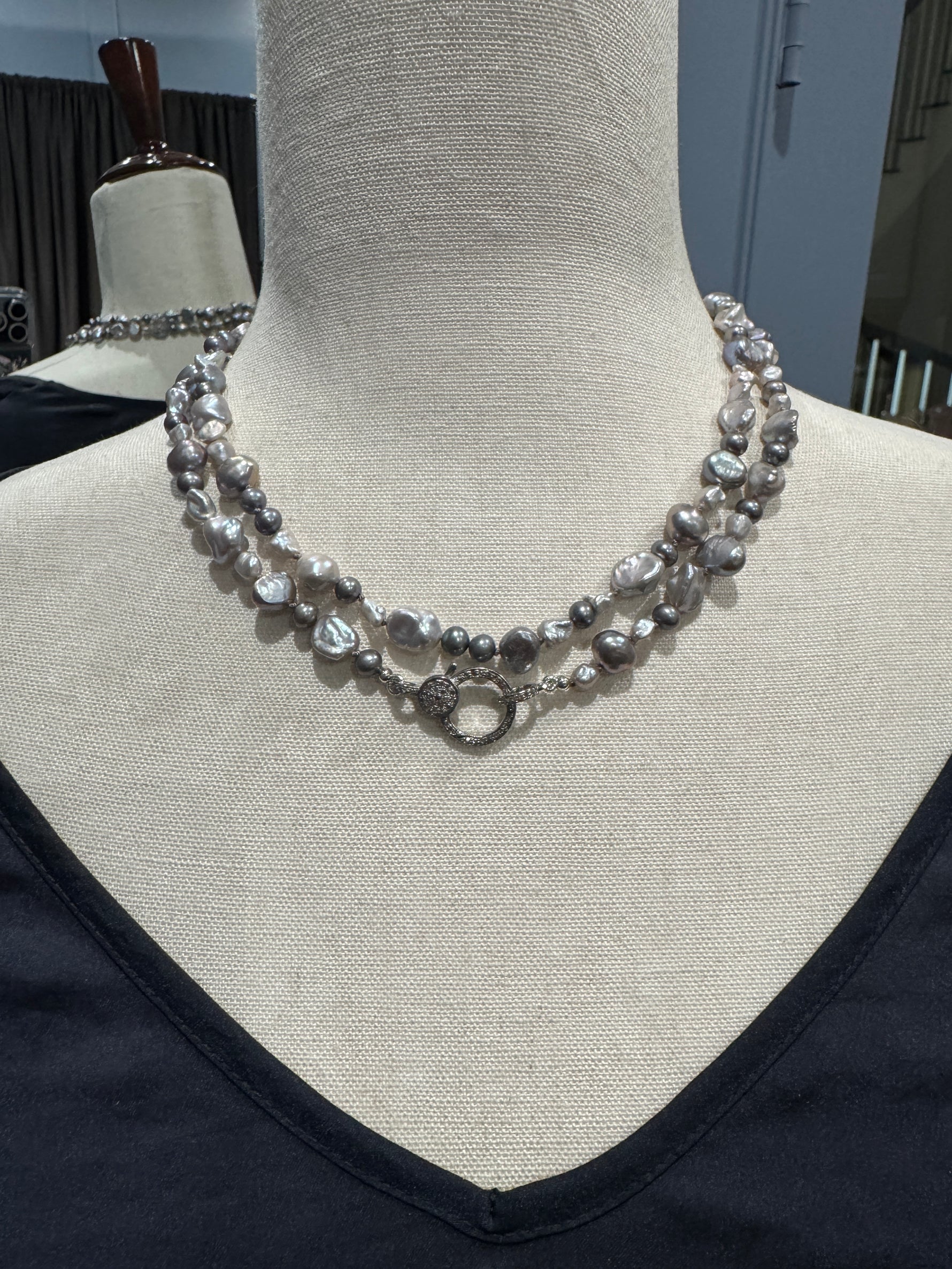 36" Gray Freshwater Gray Pearl Necklace with Pavé Diamond Silver Clasp | Ulka Rocks