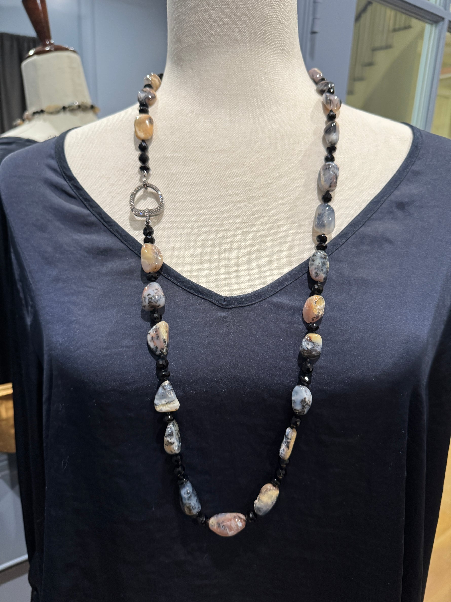 36" Dendrite Gray Opal & Black Spinel Necklace | Ulka Rocks