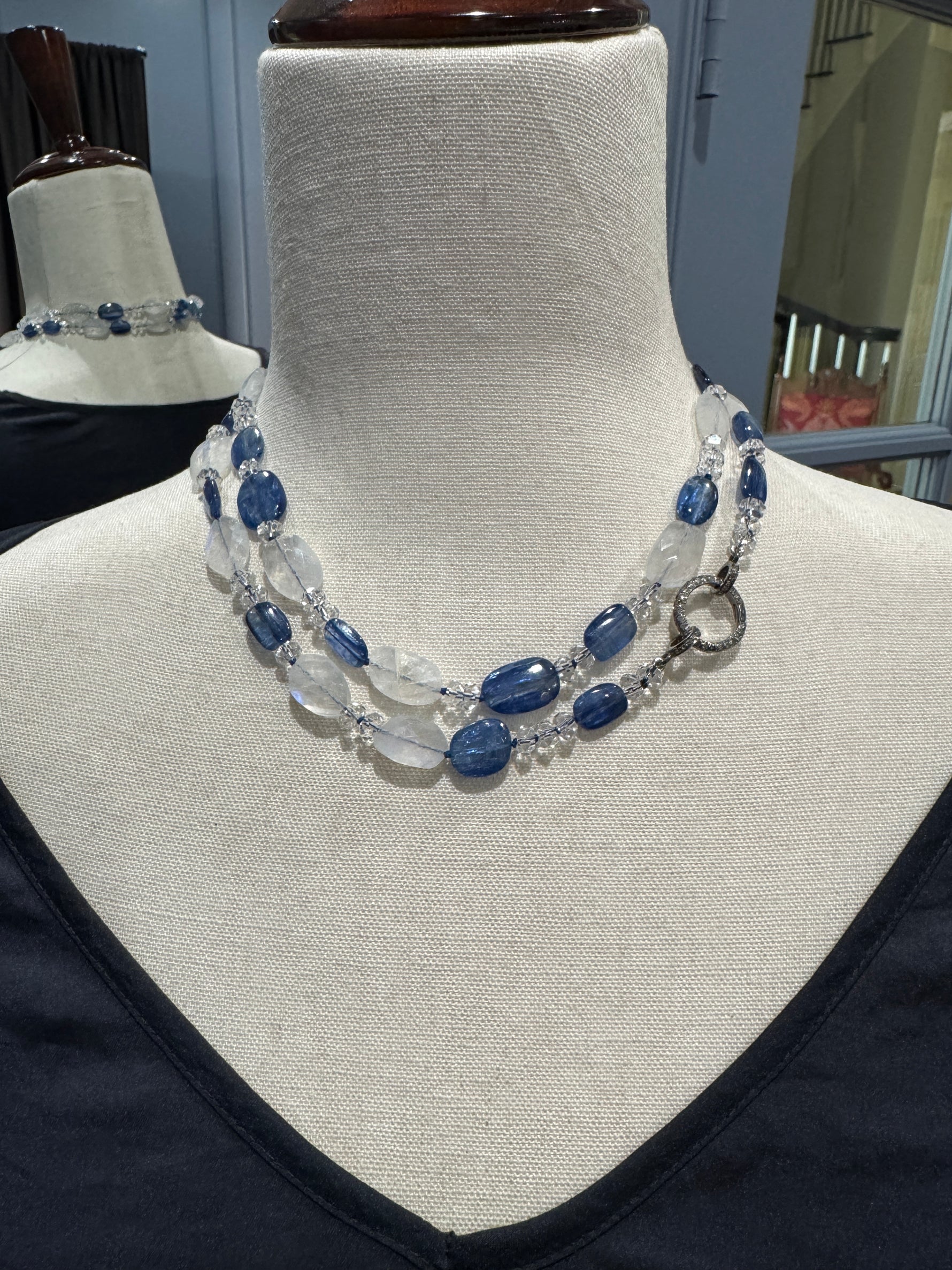 34" Kyanite, Blue Moonstone & Herkimer Necklace with Diamond Pave Silver Enhancer Clasp | Ulka Rocks