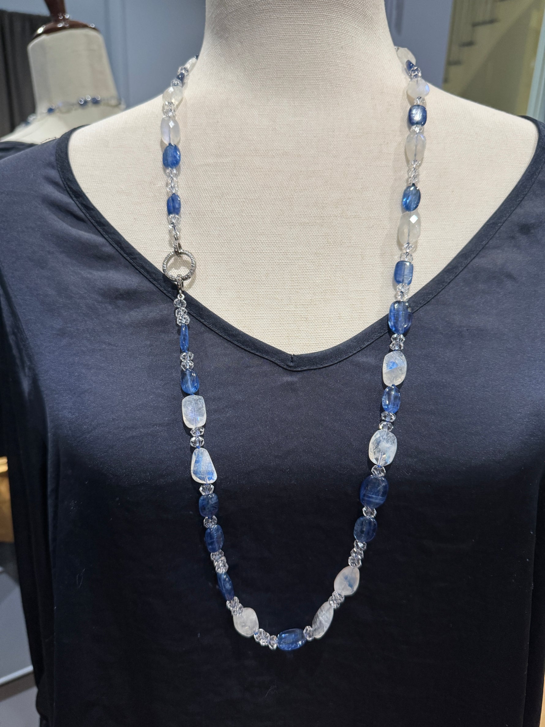 34" Kyanite, Blue Moonstone & Herkimer Necklace with Diamond Pave Silver Enhancer Clasp | Ulka Rocks