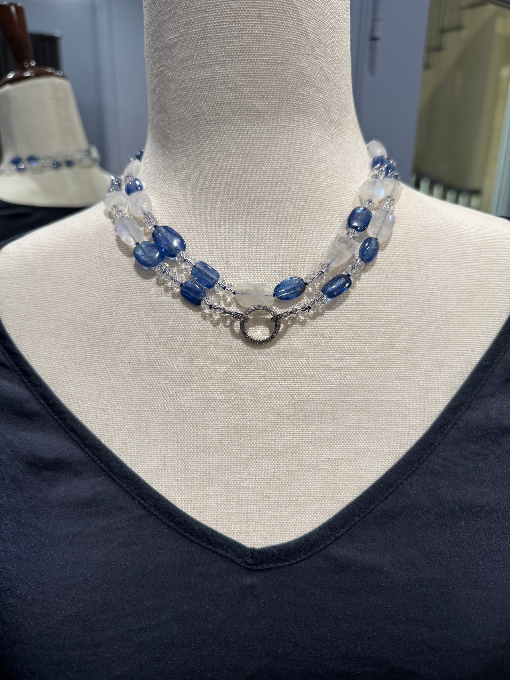 34" Kyanite, Blue Moonstone & Herkimer Necklace with Diamond Pave Silver Enhancer Clasp | Ulka Rocks