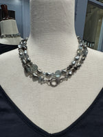 36" Copper Gray Aquamarine & Tahitian Keshi Pearl Necklace in Ocean Blues with Silver Diamond Clasp | Ulka Rocks