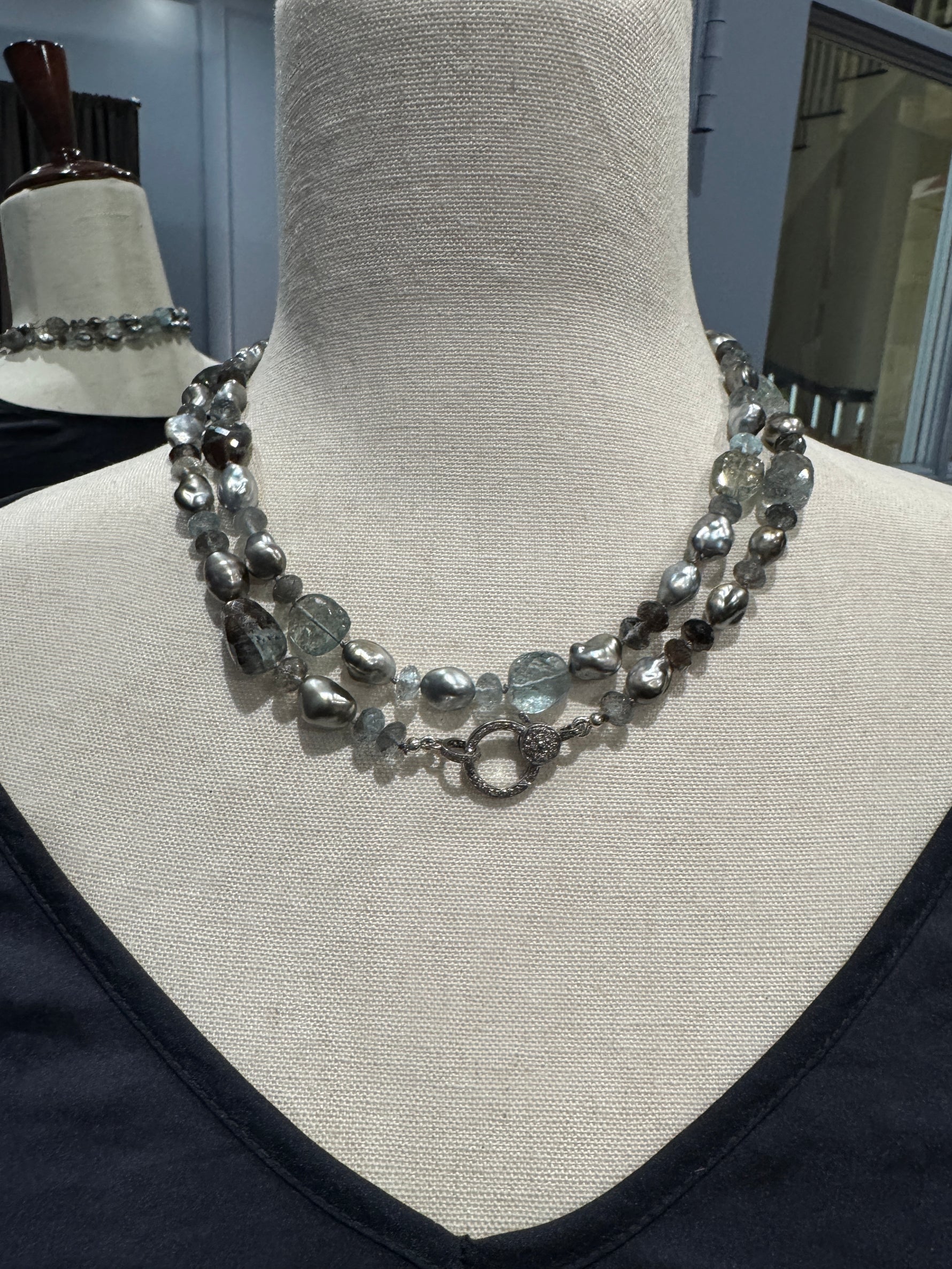 36" Copper Gray Aquamarine & Tahitian Keshi Pearl Necklace in Ocean Blues with Silver Diamond Clasp | Ulka Rocks