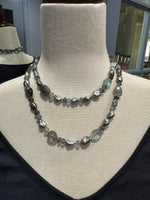 36" Copper Gray Aquamarine & Tahitian Keshi Pearl Necklace in Ocean Blues with Silver Diamond Clasp | Ulka Rocks