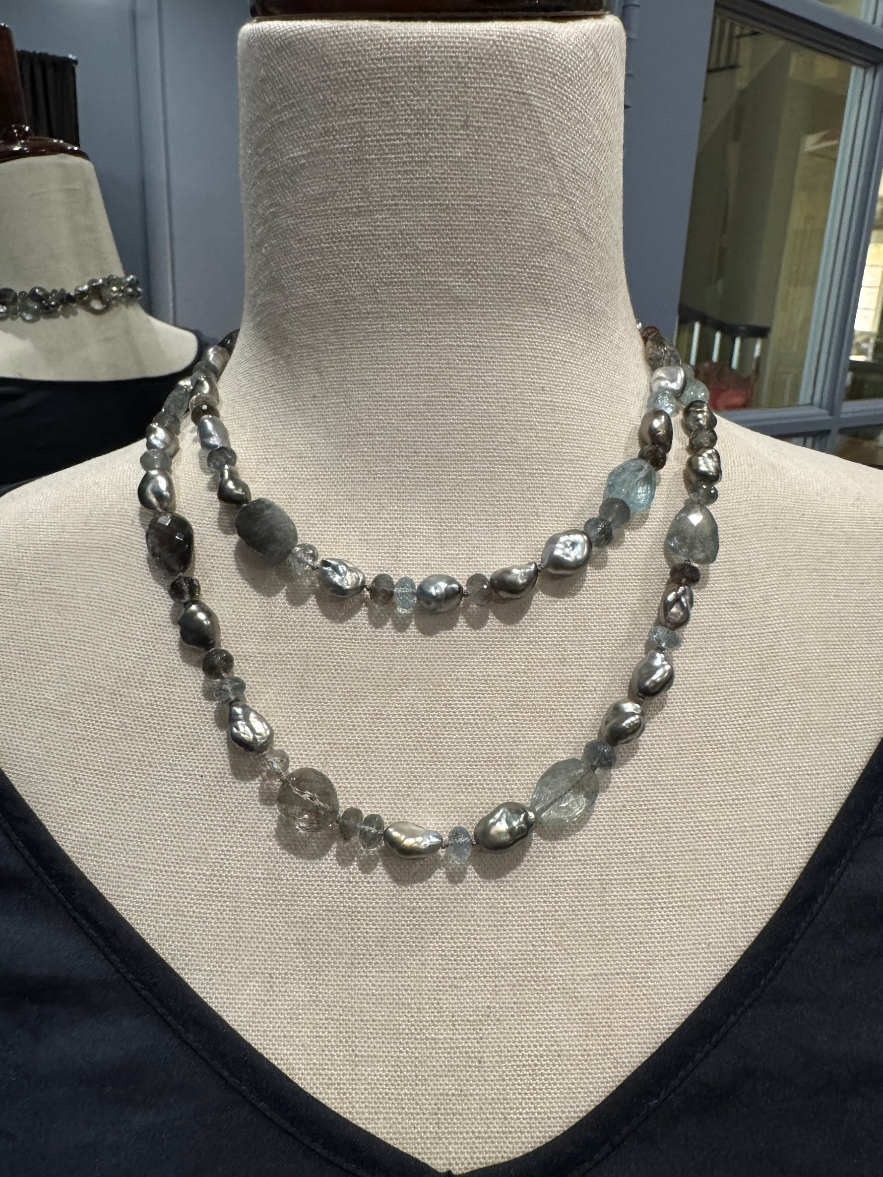 36" Copper Gray Aquamarine & Tahitian Keshi Pearl Necklace in Ocean Blues with Silver Diamond Clasp | Ulka Rocks