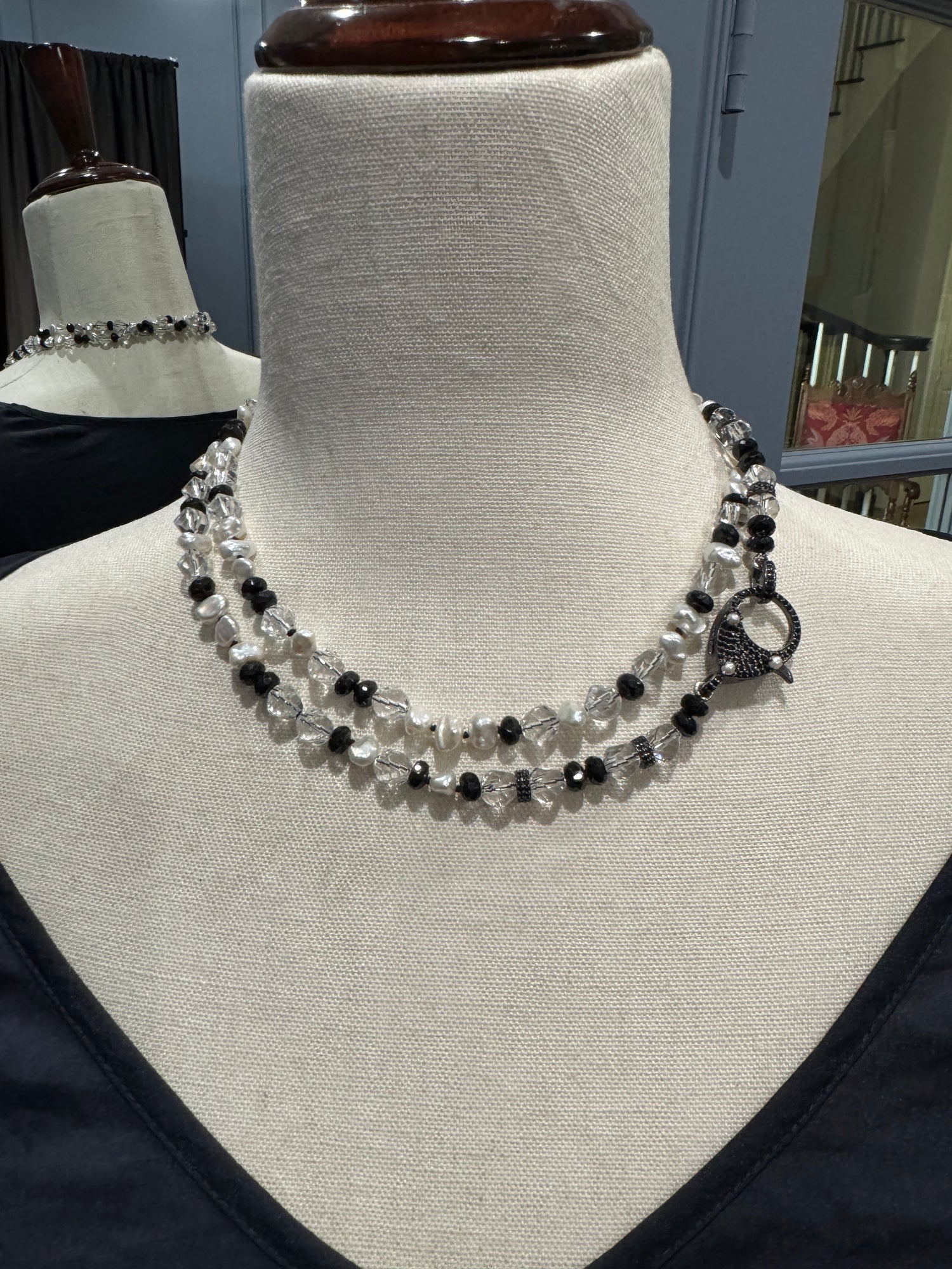 36" Herkimer Quartz, Keshi Black Pearls & Black Spinel Necklace with One-of-a-kind Black Spinel and Pearl Clasp | Ulka Rocks