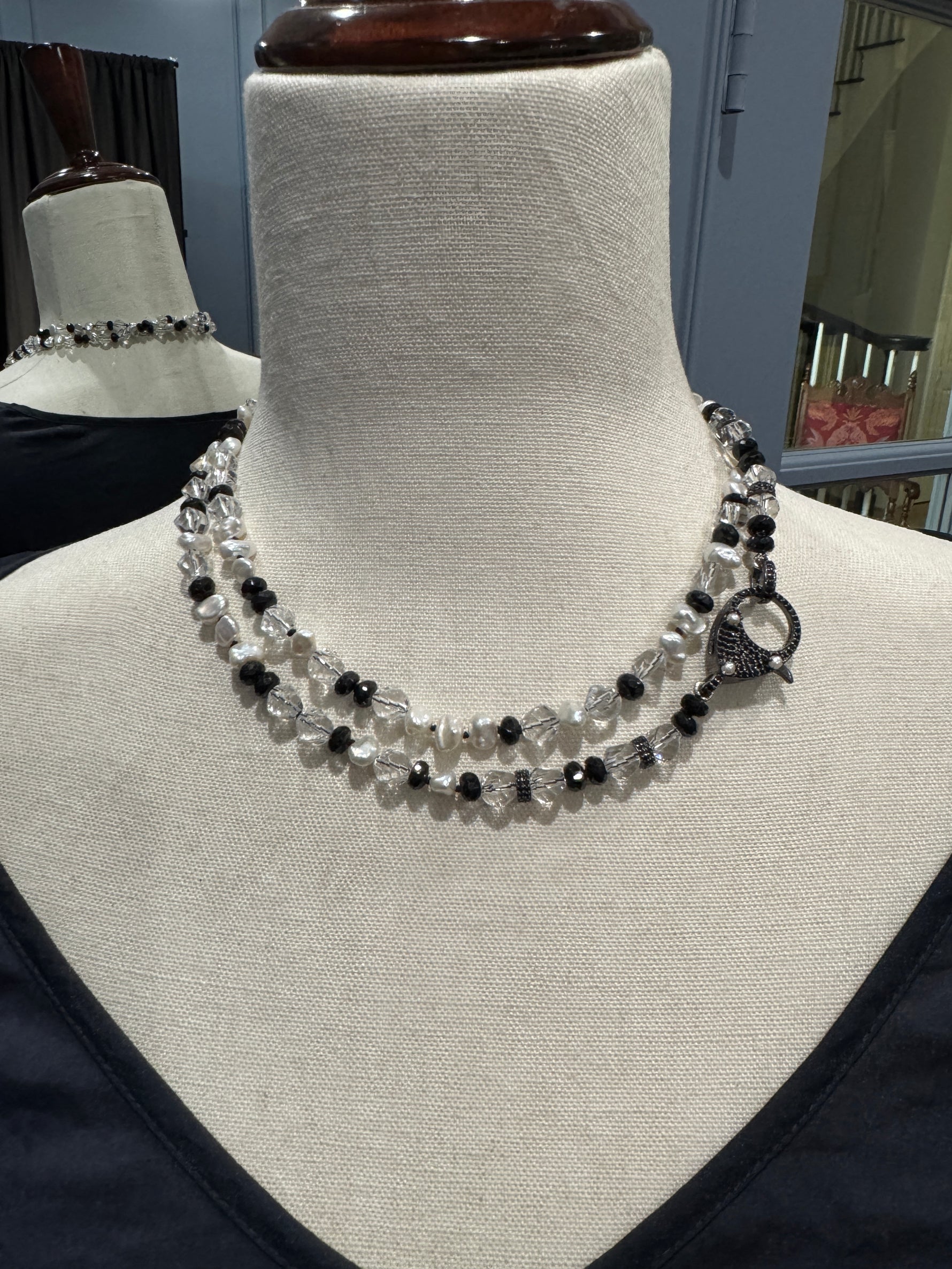 36" Herkimer Quartz, Keshi Black Pearls & Black Spinel Necklace with One-of-a-kind Black Spinel and Pearl Clasp | Ulka Rocks