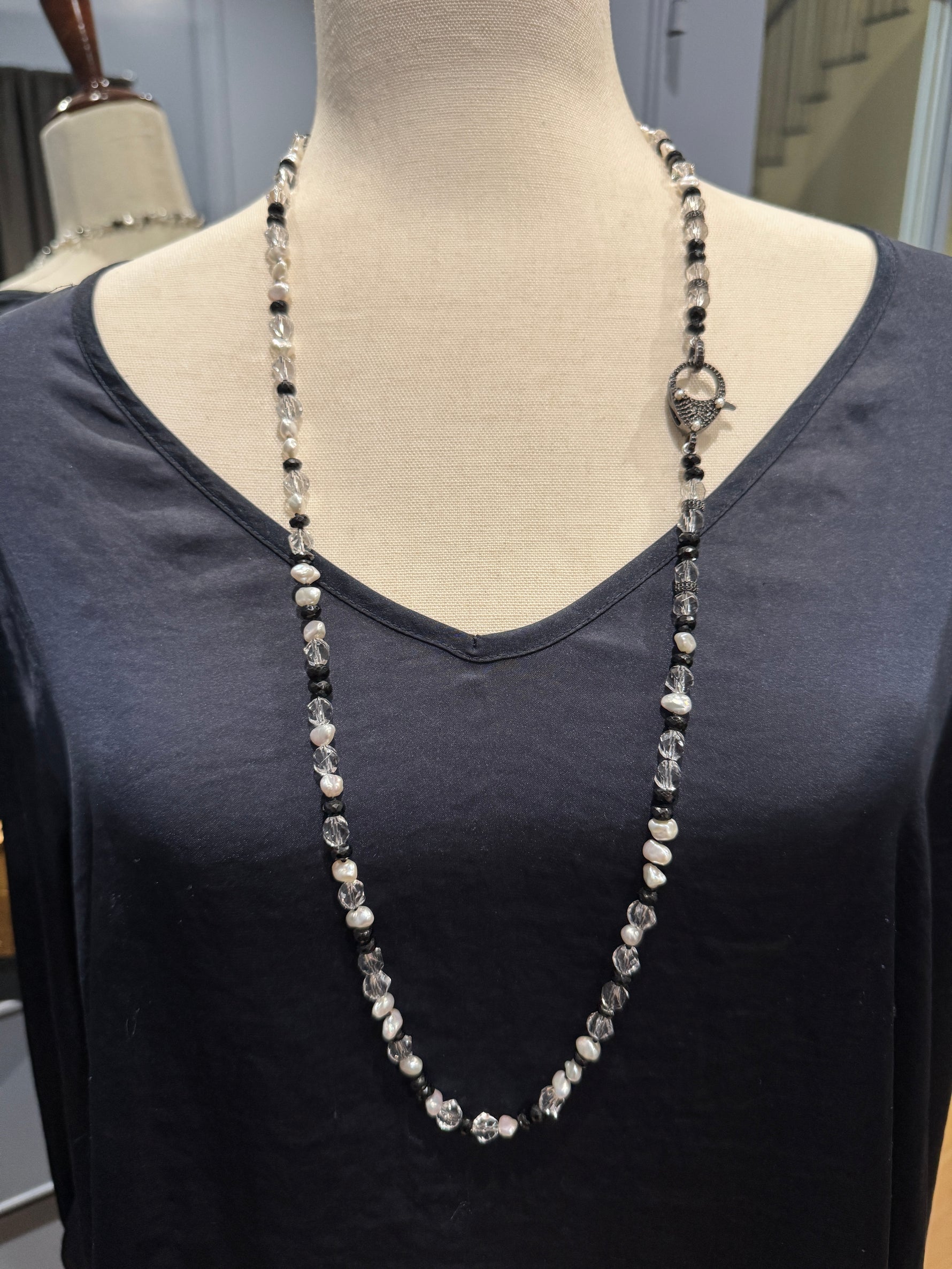 36" Herkimer Quartz, Keshi Black Pearls & Black Spinel Necklace with One-of-a-kind Black Spinel and Pearl Clasp | Ulka Rocks