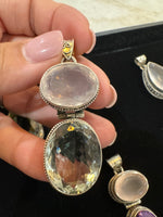 Amethyst and Citrine and Diamond pendant alternate angle showing natural stone variation