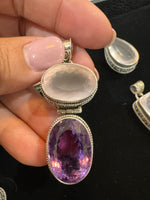 Amethyst and Citrine and Diamond pendant alternate angle showing natural stone variation