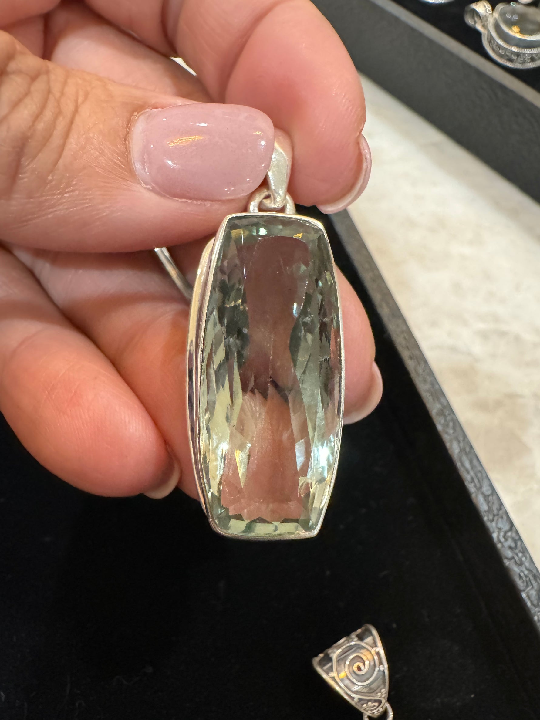 Amethyst and Citrine and Diamond pendant alternate angle showing natural stone variation