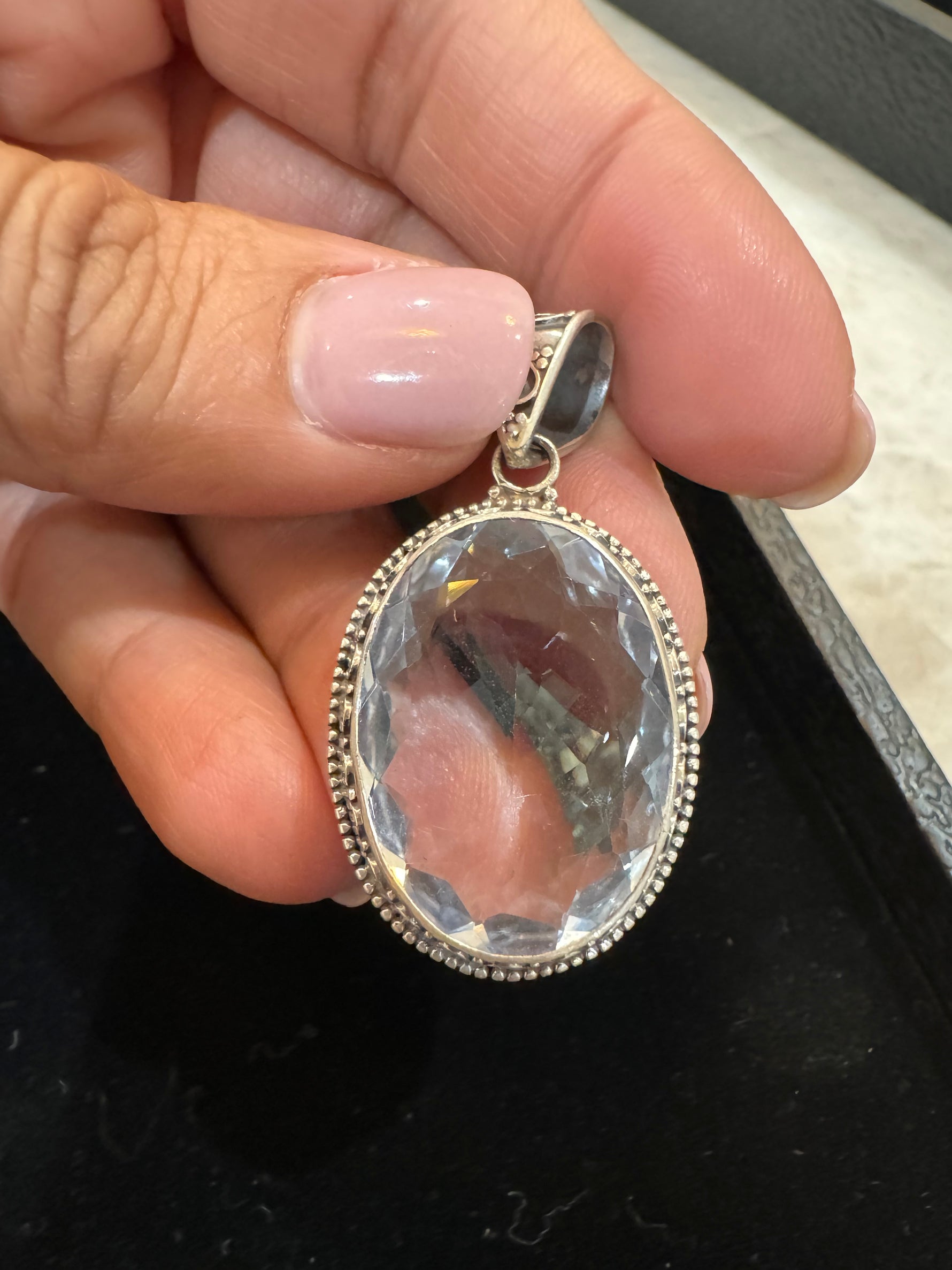 Amethyst and Citrine and Diamond pendant alternate angle showing natural stone variation