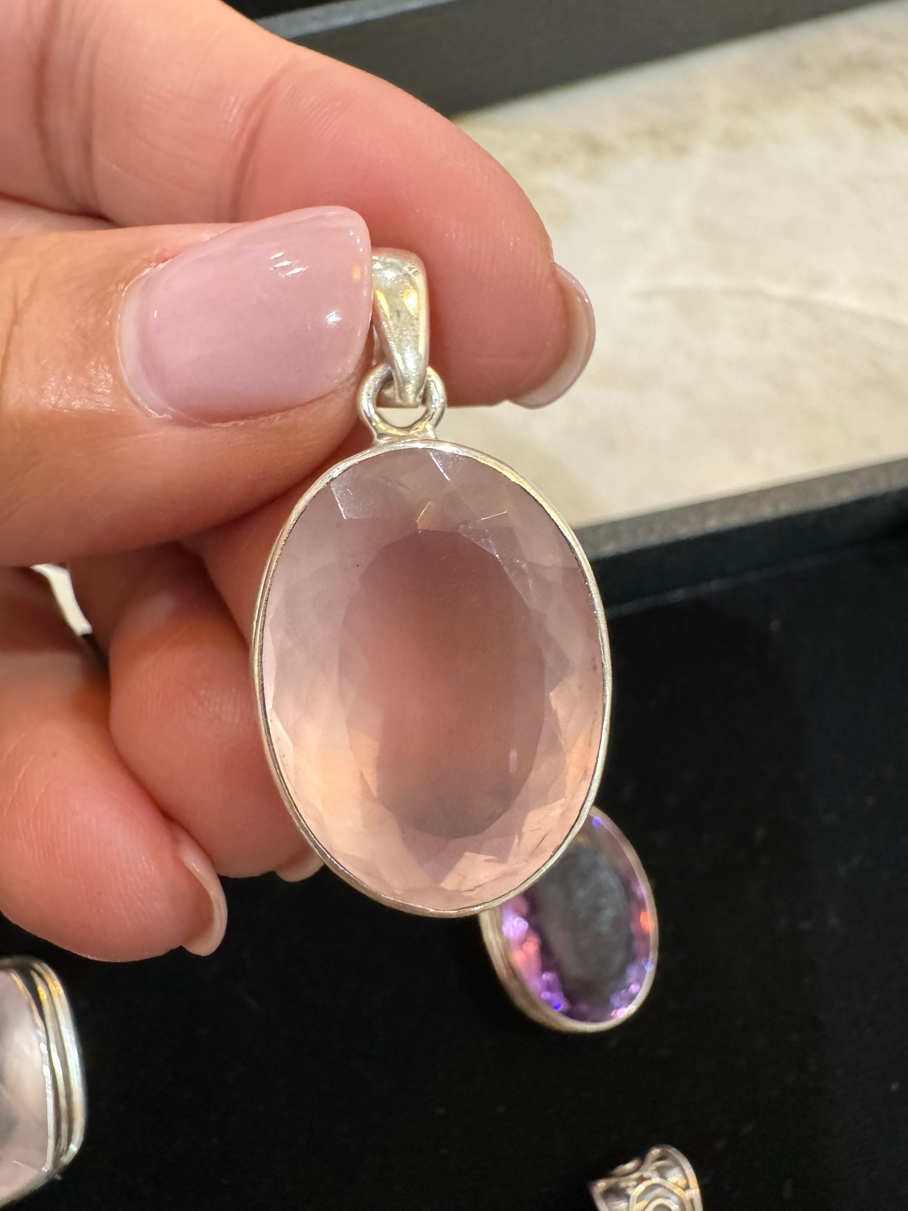 Amethyst and Citrine and Diamond pendant alternate angle showing natural stone variation