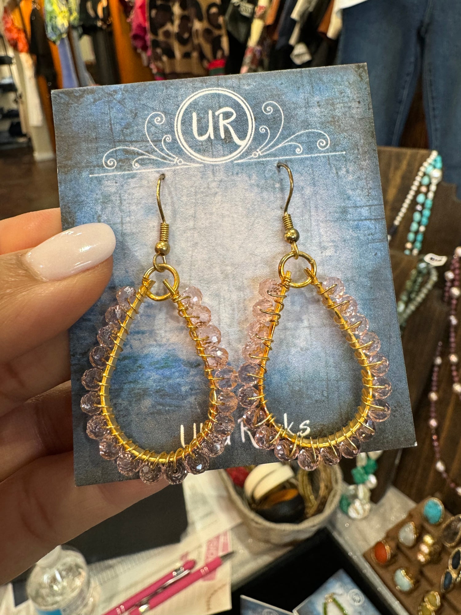 Gold Vermeil Wire Wrapped Earrings - Light Pink | Ulka Rocks