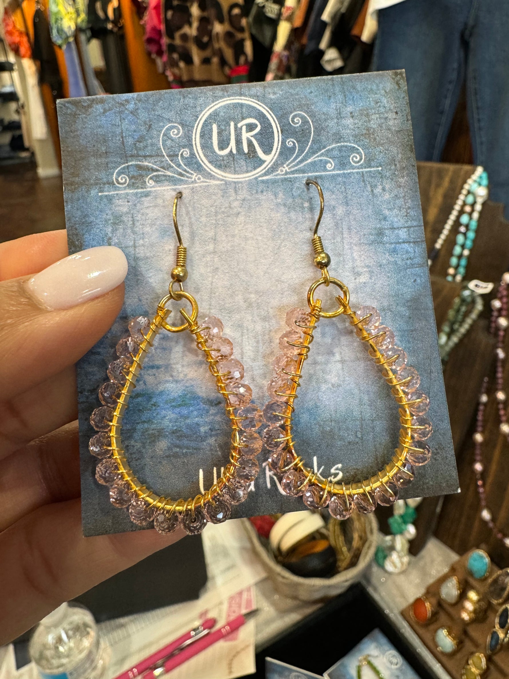 Gold Vermeil Wire Wrapped Earrings - Light Pink | Ulka Rocks