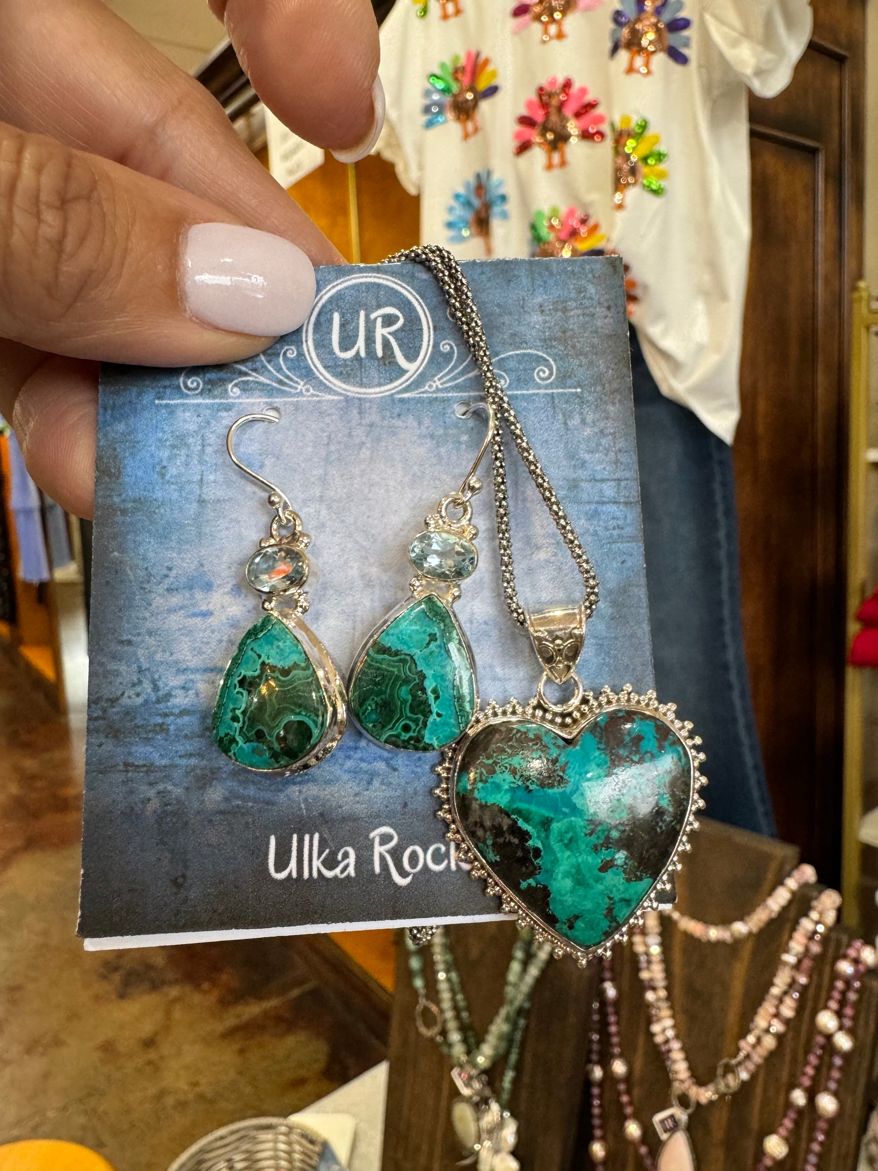 Gift Bundle: Earrings, Sterling Silver Necklace, Pendant - Chrysocolla | Ulka Rocks