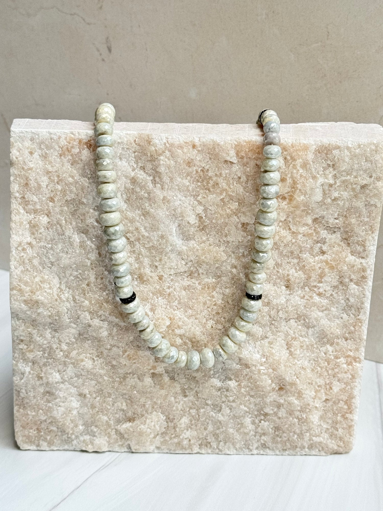 Creamy Silverite Beads Necklace with Black White Spinel Accents | Ulka Rocks