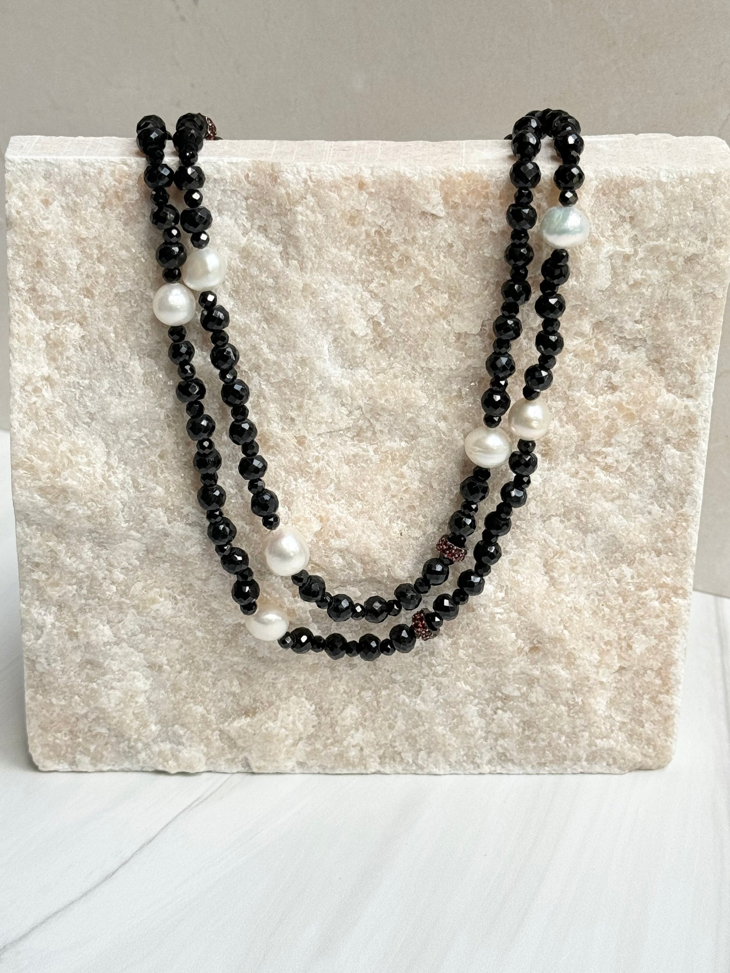 Black Spinel Bubble Necklace with Freshwater Black Pearl and Sapphire Accents | Ulka Rocks