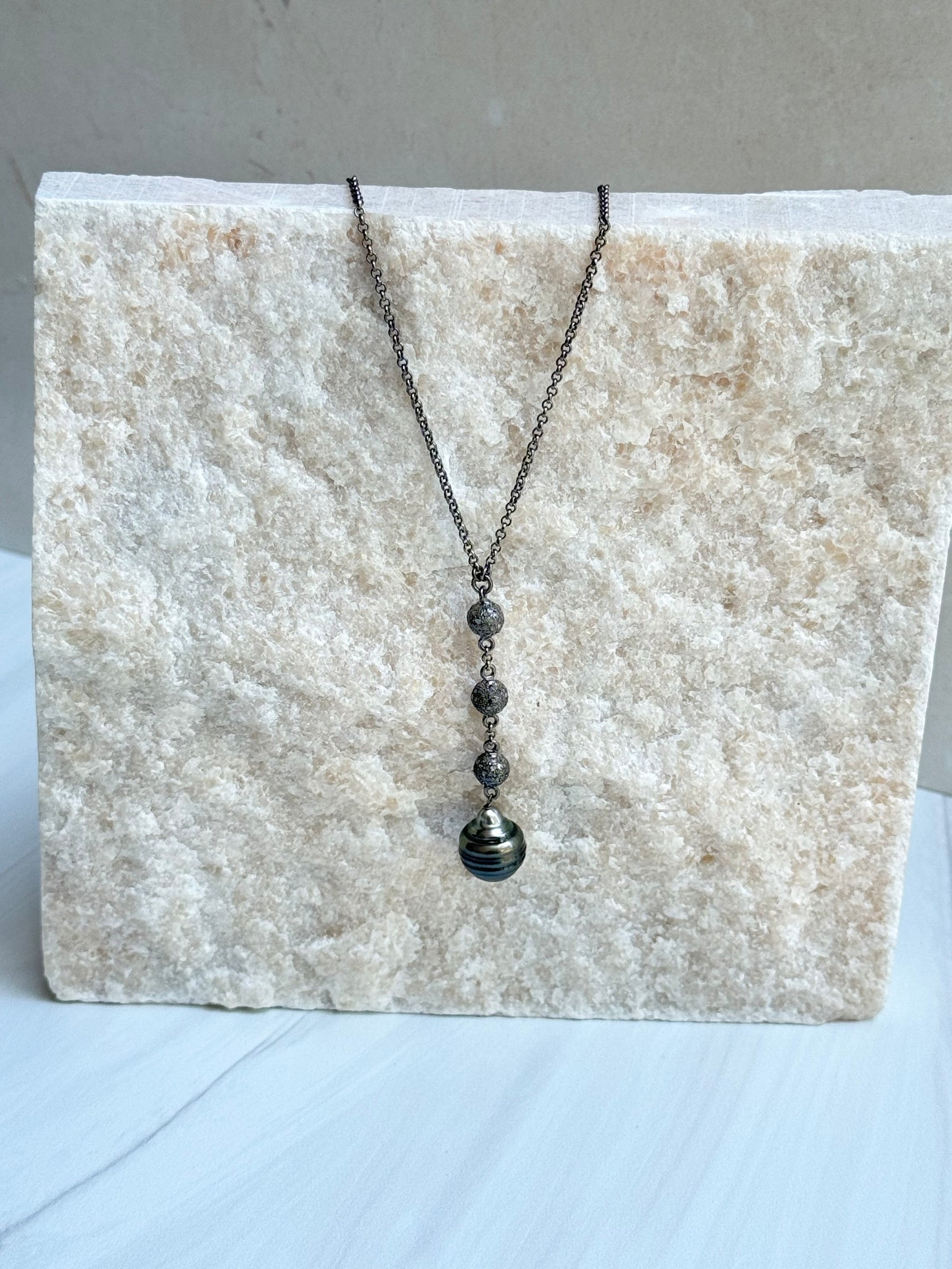 Tahitian Black Pearl and Diamond 3" Drop Necklace | Ulka Rocks