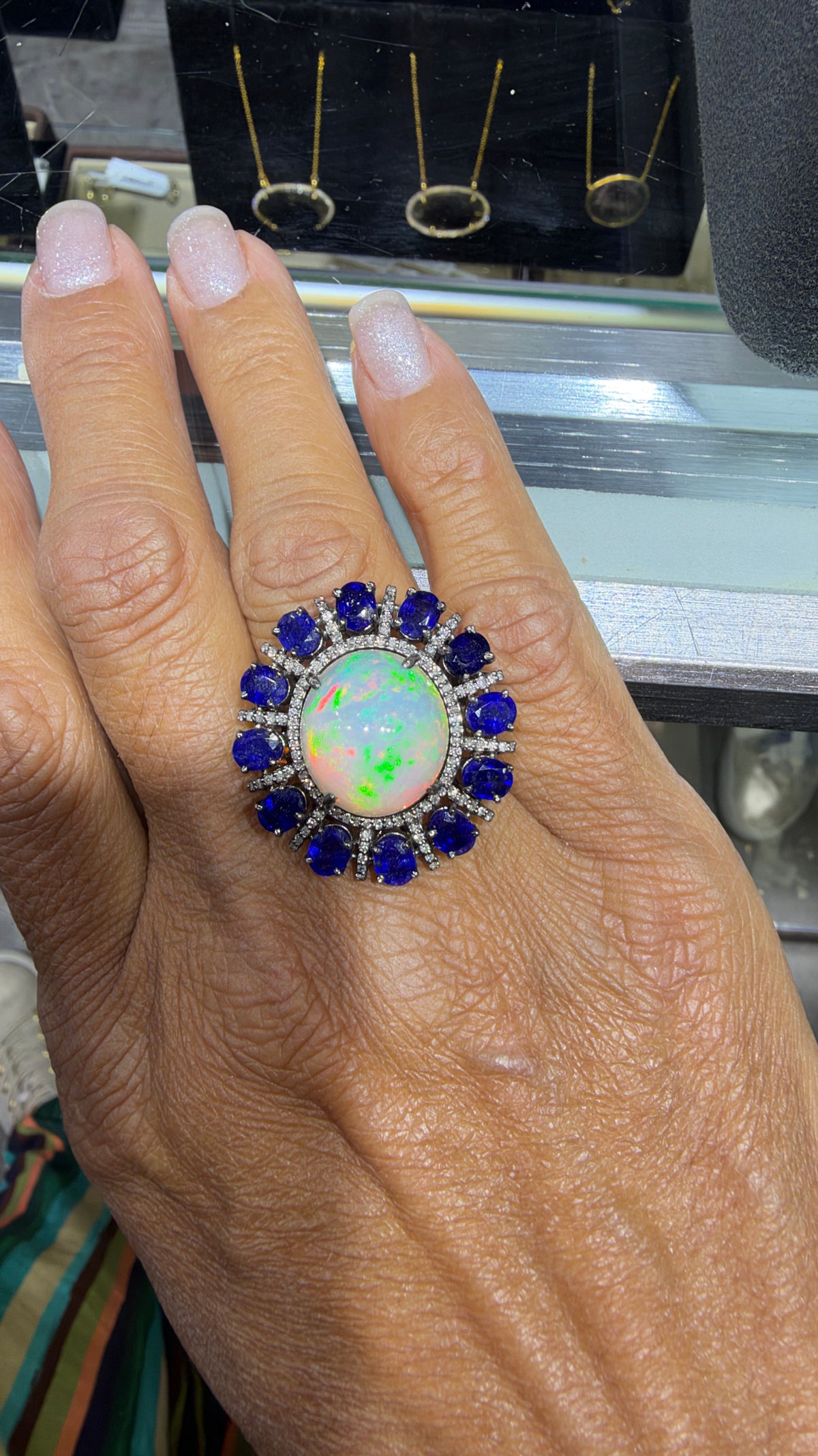 Sterling Silver Ring With Sapphire And Ethiopian Opal Size 7