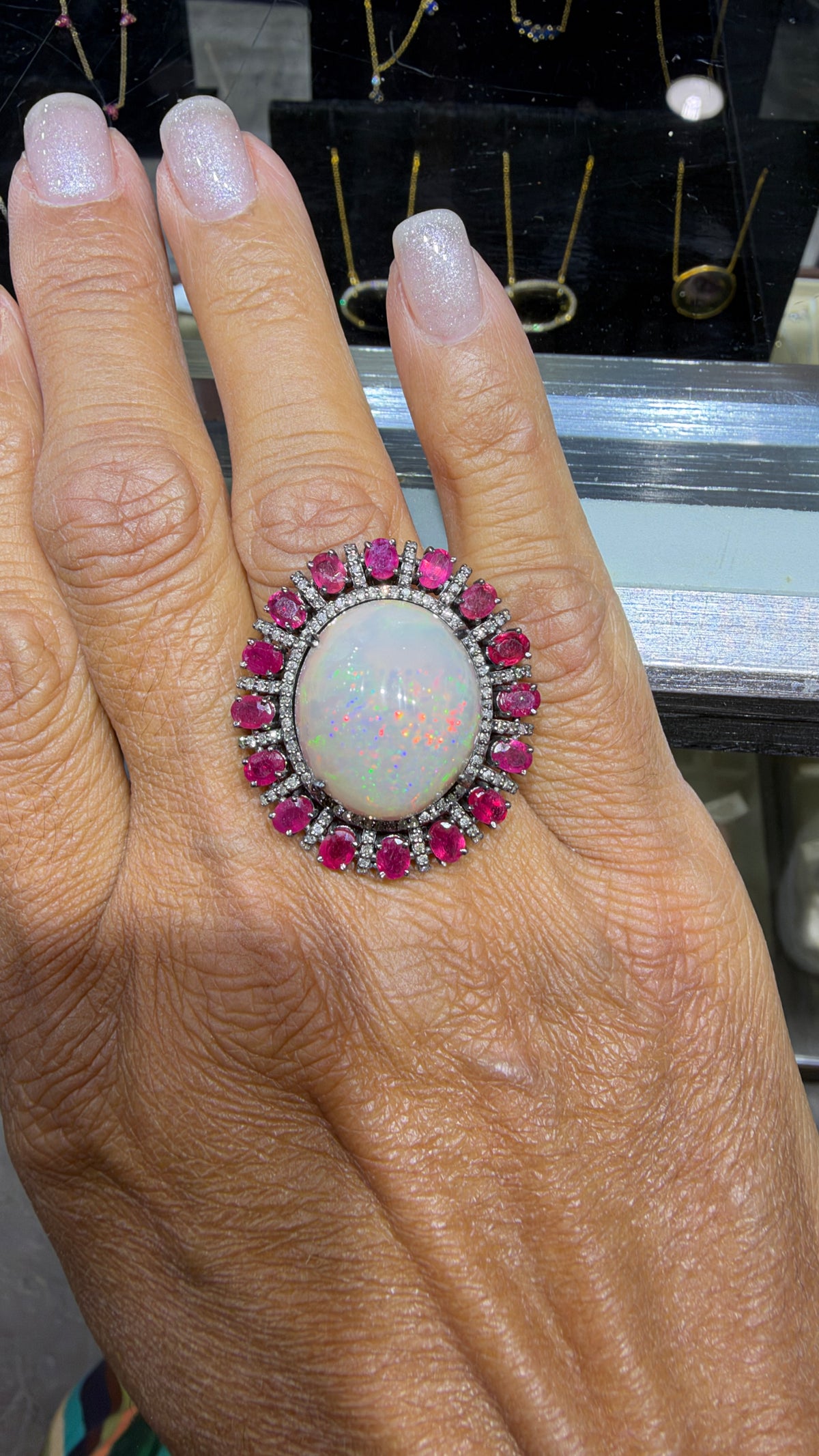 Sterling Silver Ring With Ethiopian Opal And Ruby Size 7