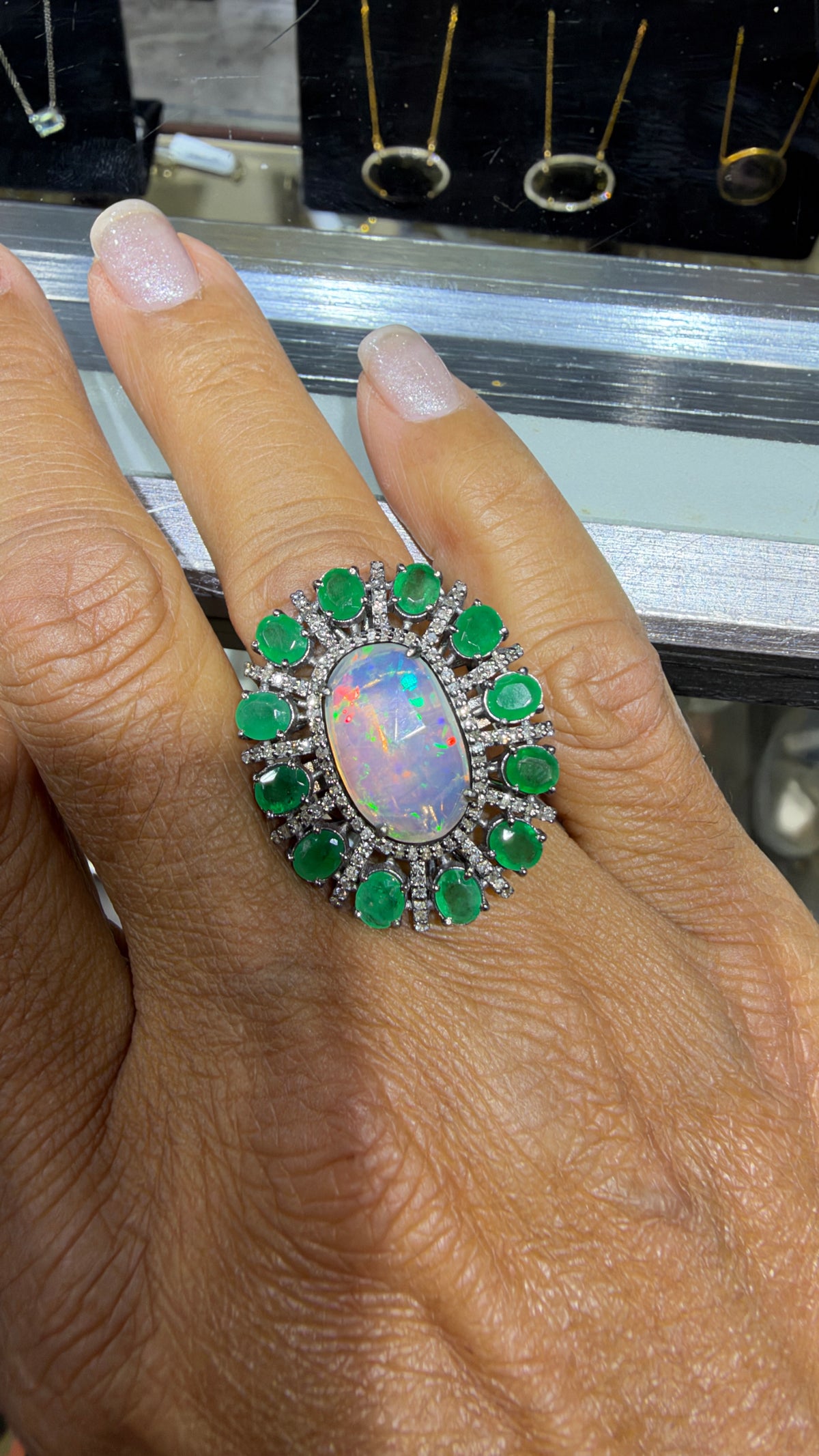 Sterling Silver Ring With Ethiopian Opal And Emerald Size 7