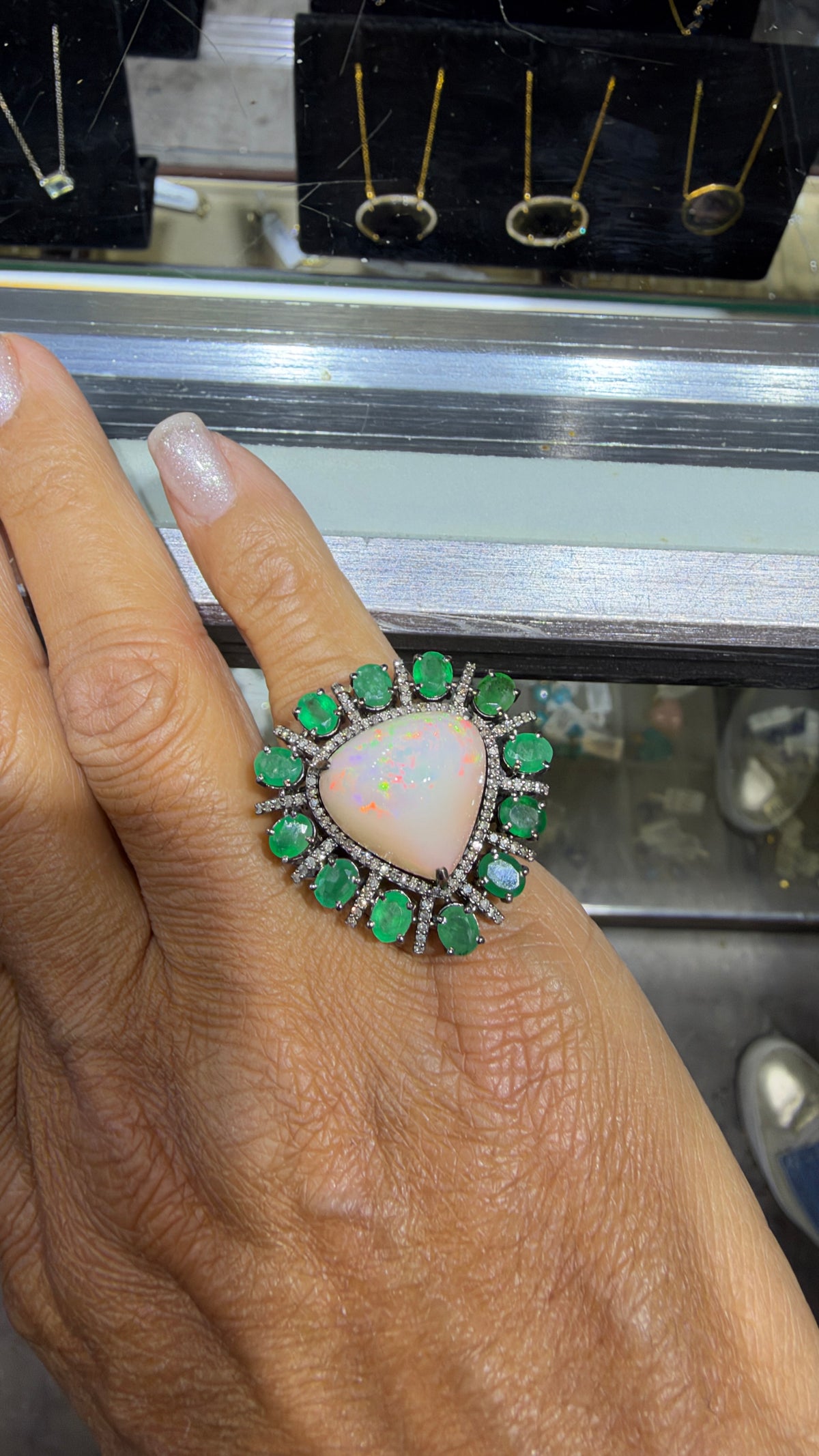 Sterling Silver Ring With Ethiopian Opal And Emerald Size 6