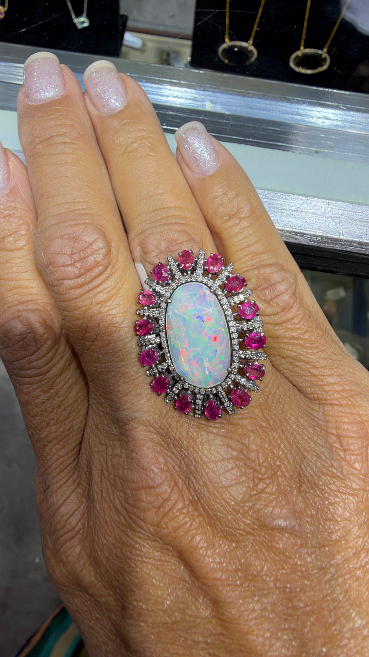 Sterling Silver Ring With Ethiopian Opal And Ruby Size 7