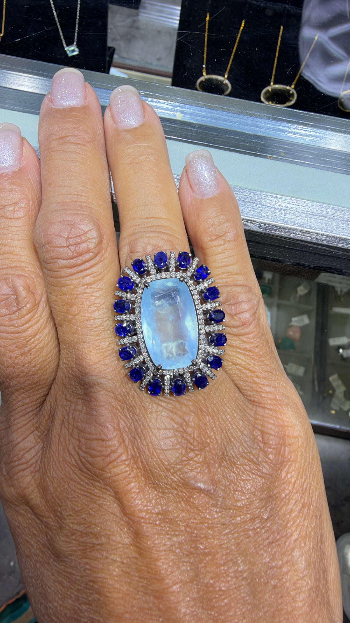 Sterling Silver Ring With Aquamarine And Sapphire Size 7