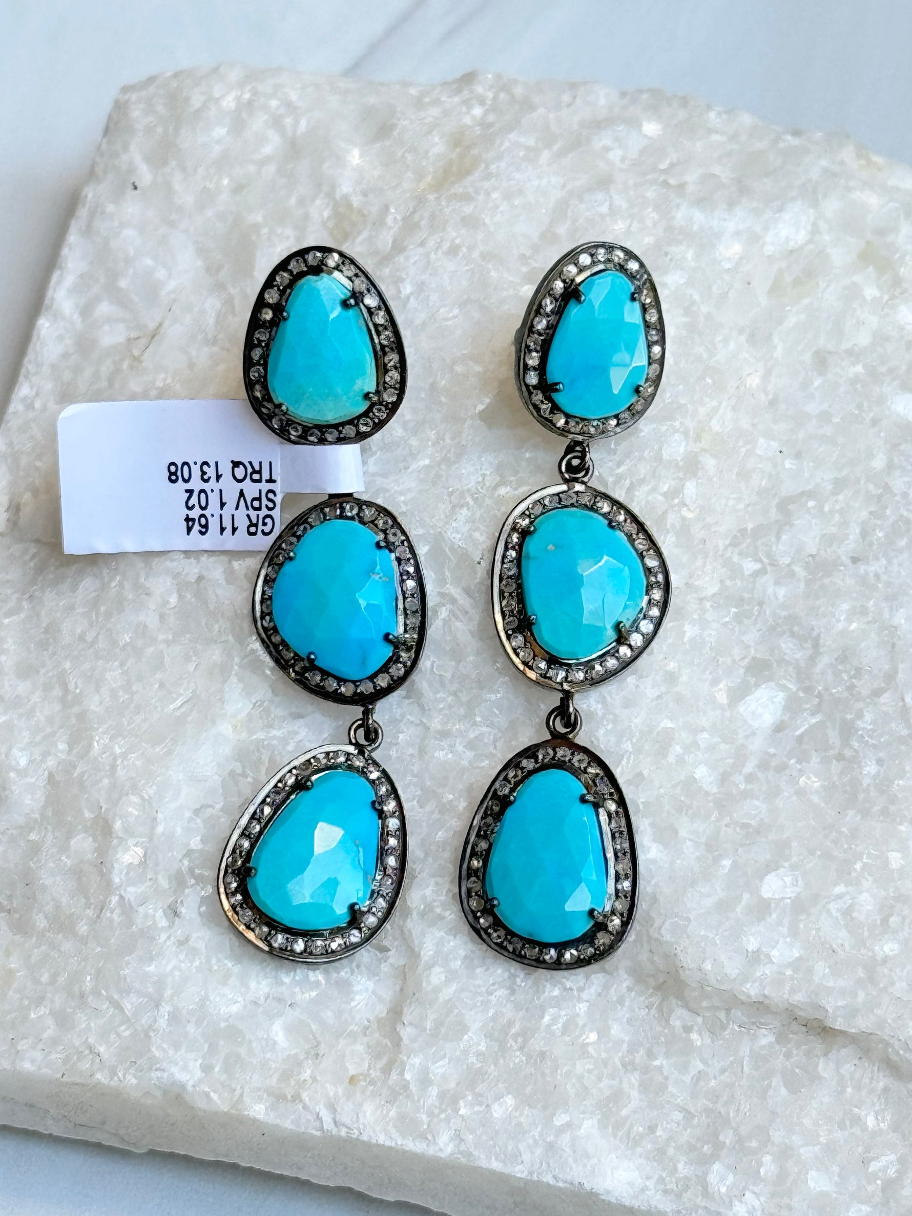 Sleeping Beauty Blue Turquoise and Diamond Drop Earrings | Ulka Rocks