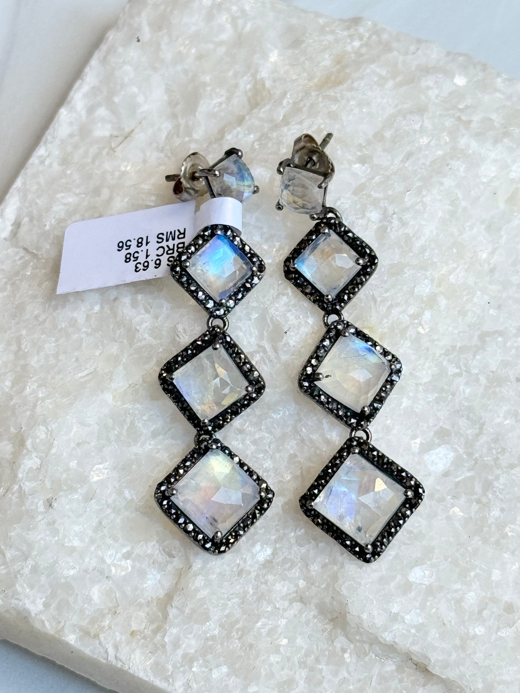 Rainbow Blue Moonstone and Black Diamond Drop Earrings | Ulka Rocks
