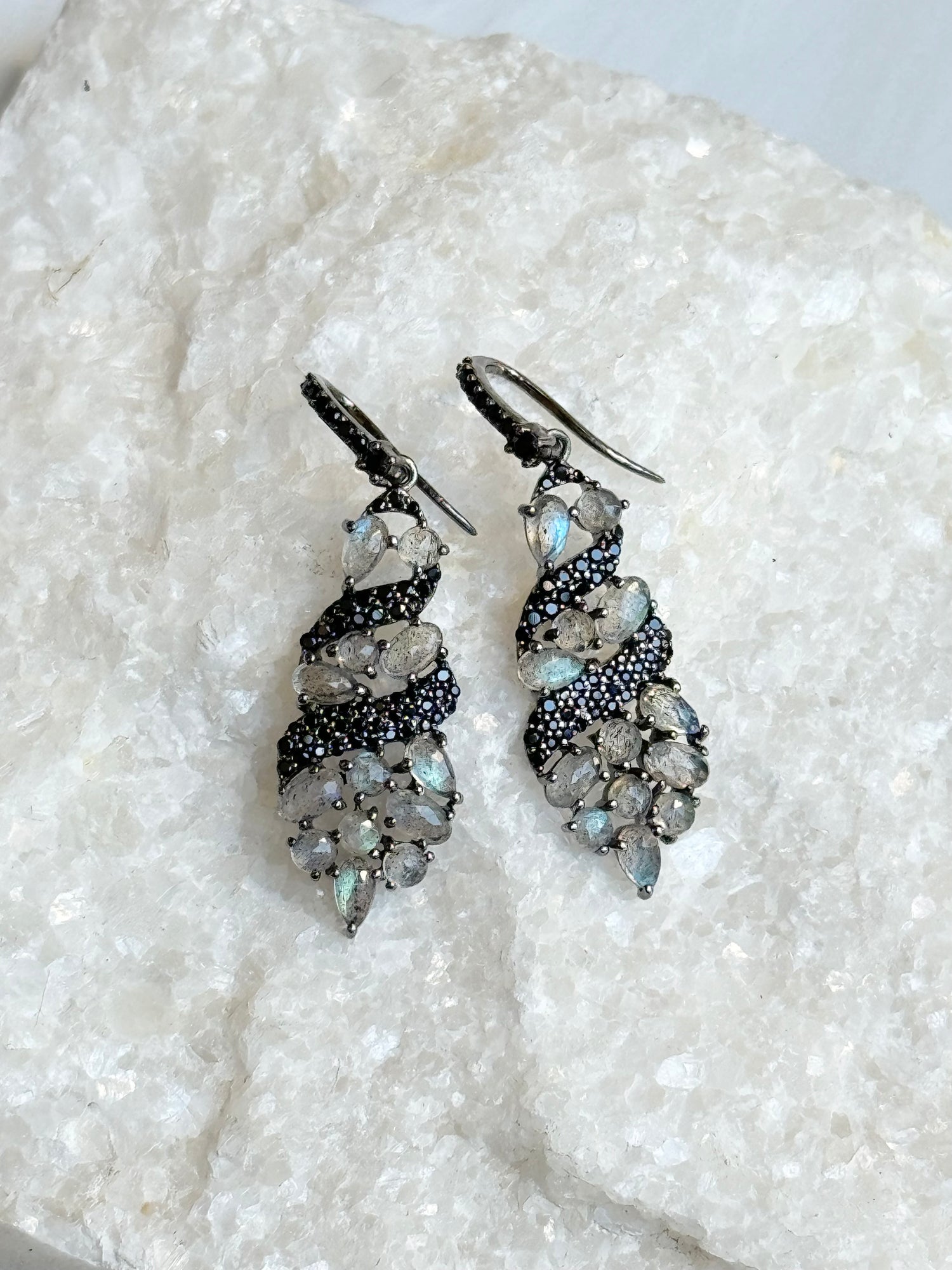 Black Spinel and Green Labradorite Cluster Earrings | Ulka Rocks