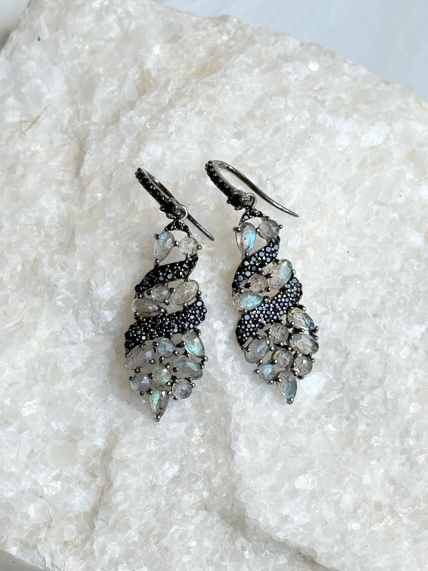 Black Spinel and Green Labradorite Cluster Earrings | Ulka Rocks