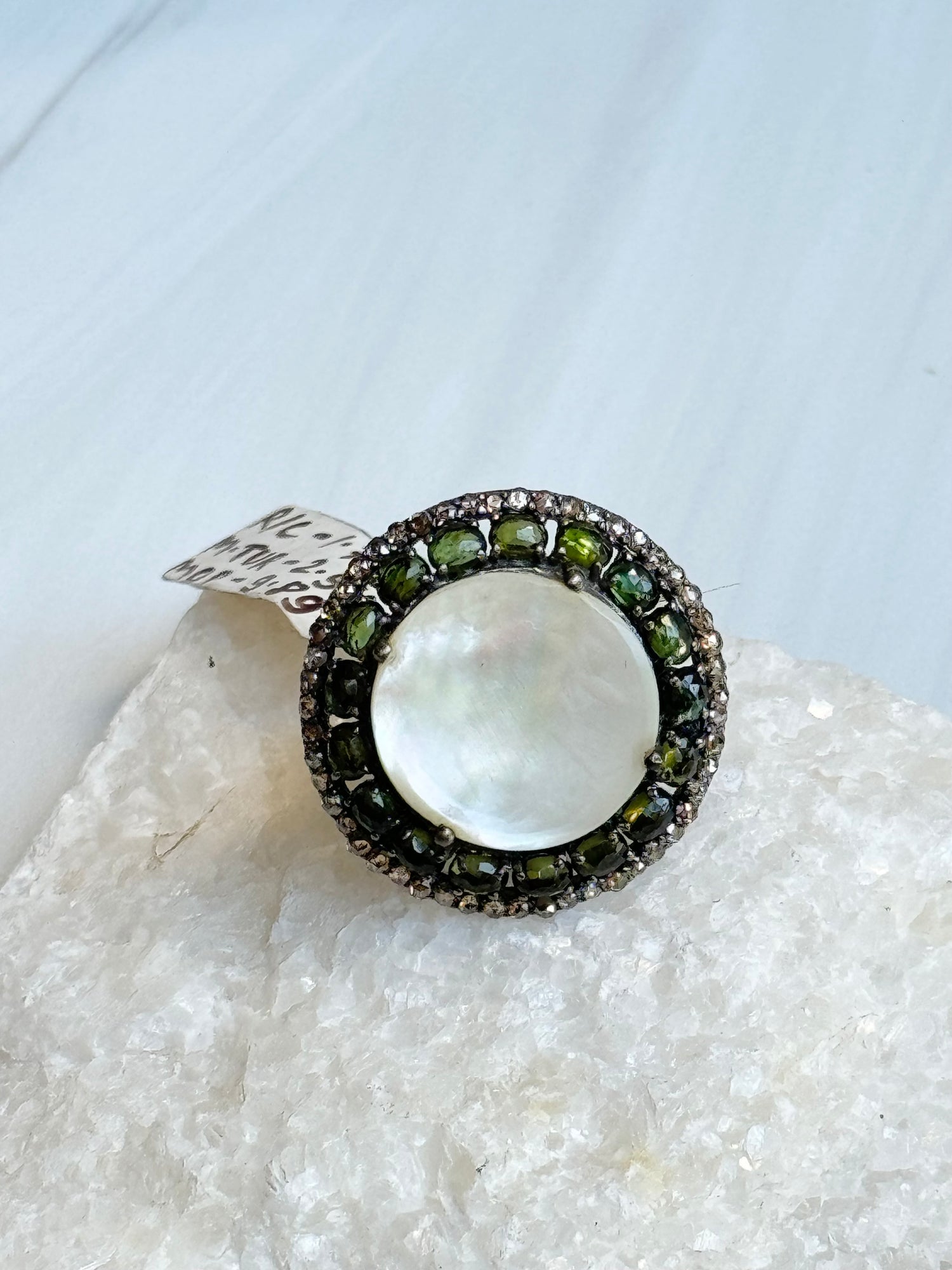 Green Tourmaline and Mother of Green Pearl Ring | Ulka Rocks