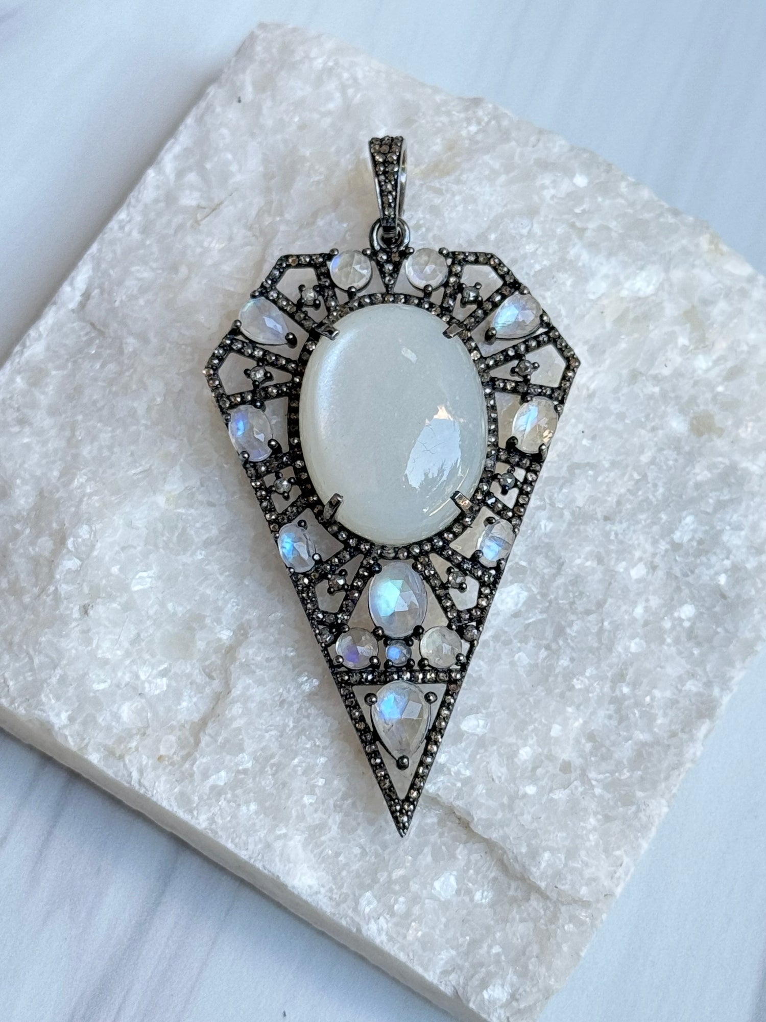 Opaque Center Stone Gray Moonstone and Diamond Pendant | Ulka Rocks