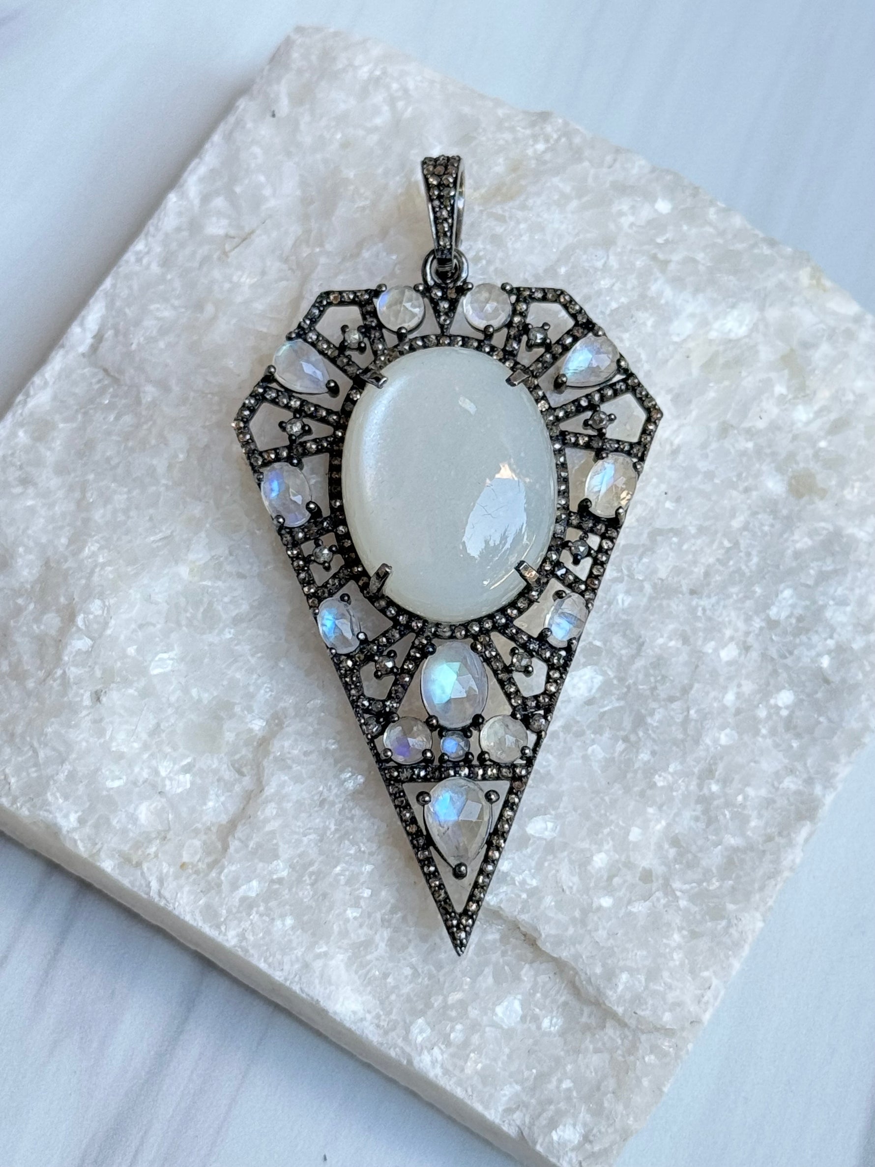Opaque Center Stone Gray Moonstone and Diamond Pendant | Ulka Rocks