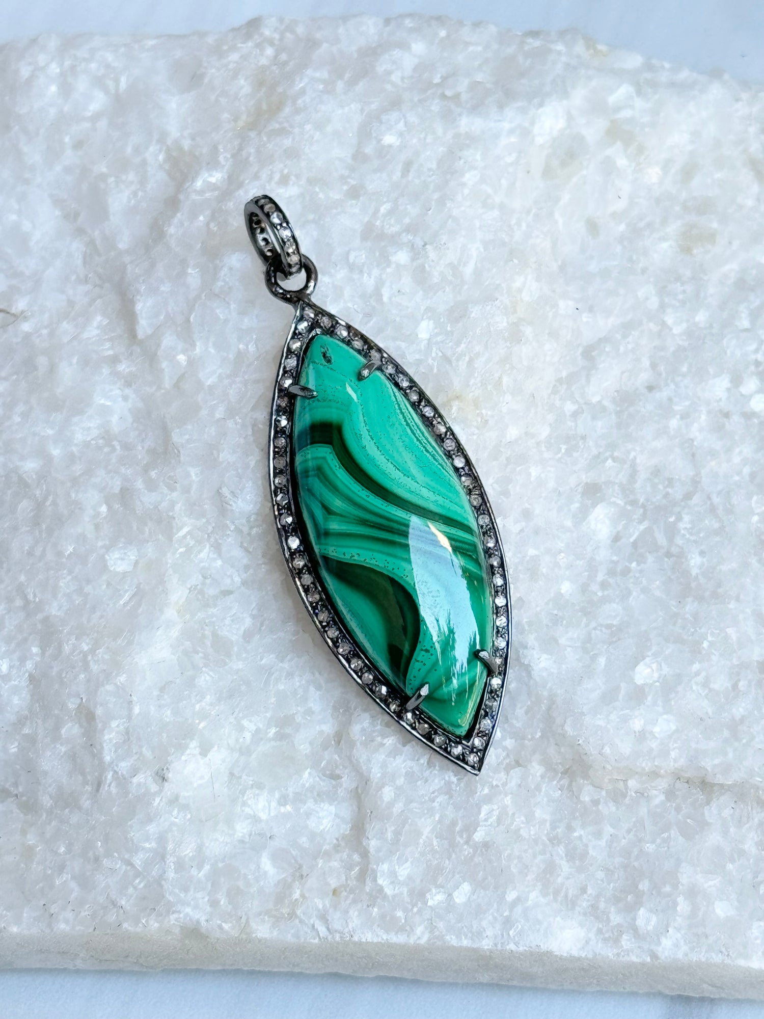 Green Malachite Silver Diamond Pendant | Ulka Rocks